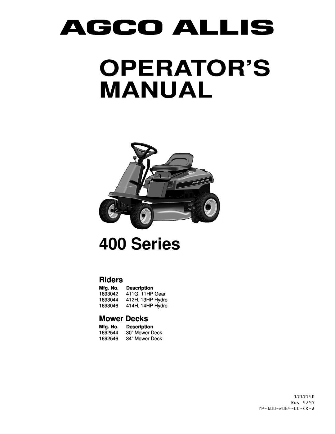 Simplicity 11HP, 14HP manual Series, Riders, Mower Decks, Operator’S Manual, Rev 4/97 TP-100-2064-00-CO-A 