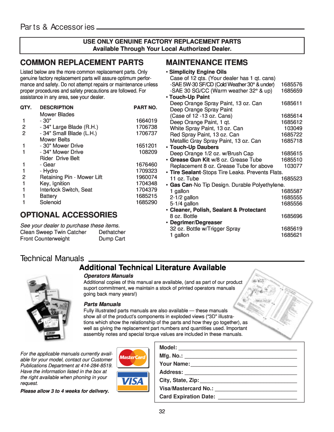 Simplicity 14HP Parts & Accessories, Technical Manuals, Common Replacement Parts, Optional Accessories, Maintenance Items 