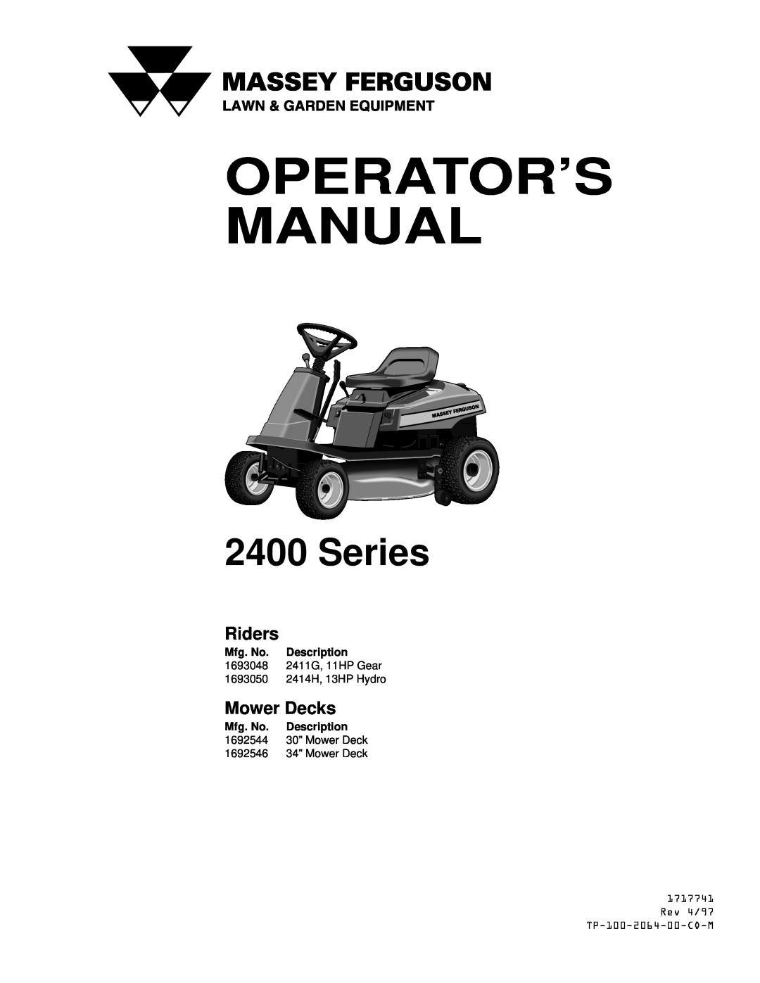 Simplicity 11HP, 14HP manual Series, Operator’S Manual, Riders, Mower Decks, Rev 4/97 TP-100-2064-00-CO-M 