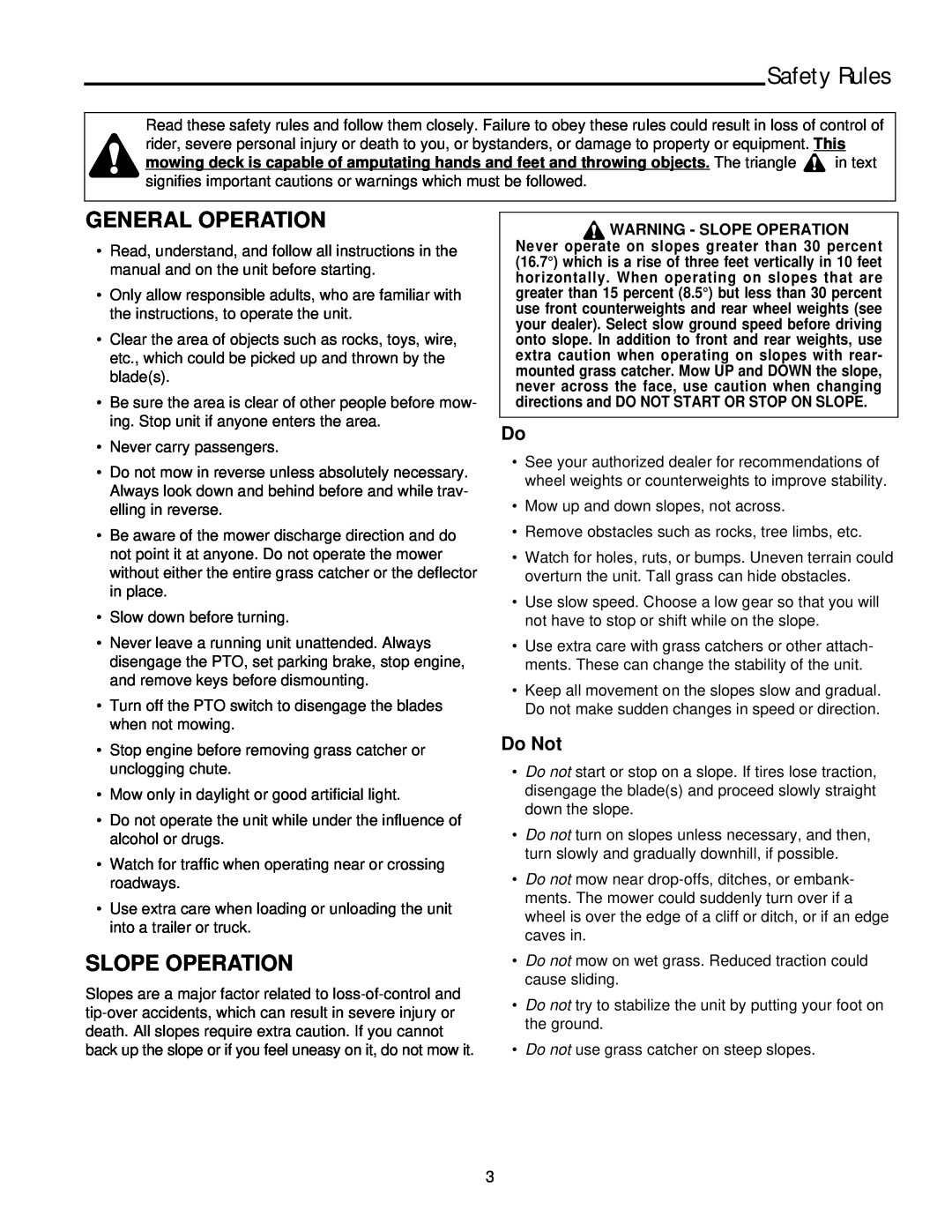 Simplicity 11HP, 14HP manual Safety Rules, General Operation, Slope Operation, Do Not 