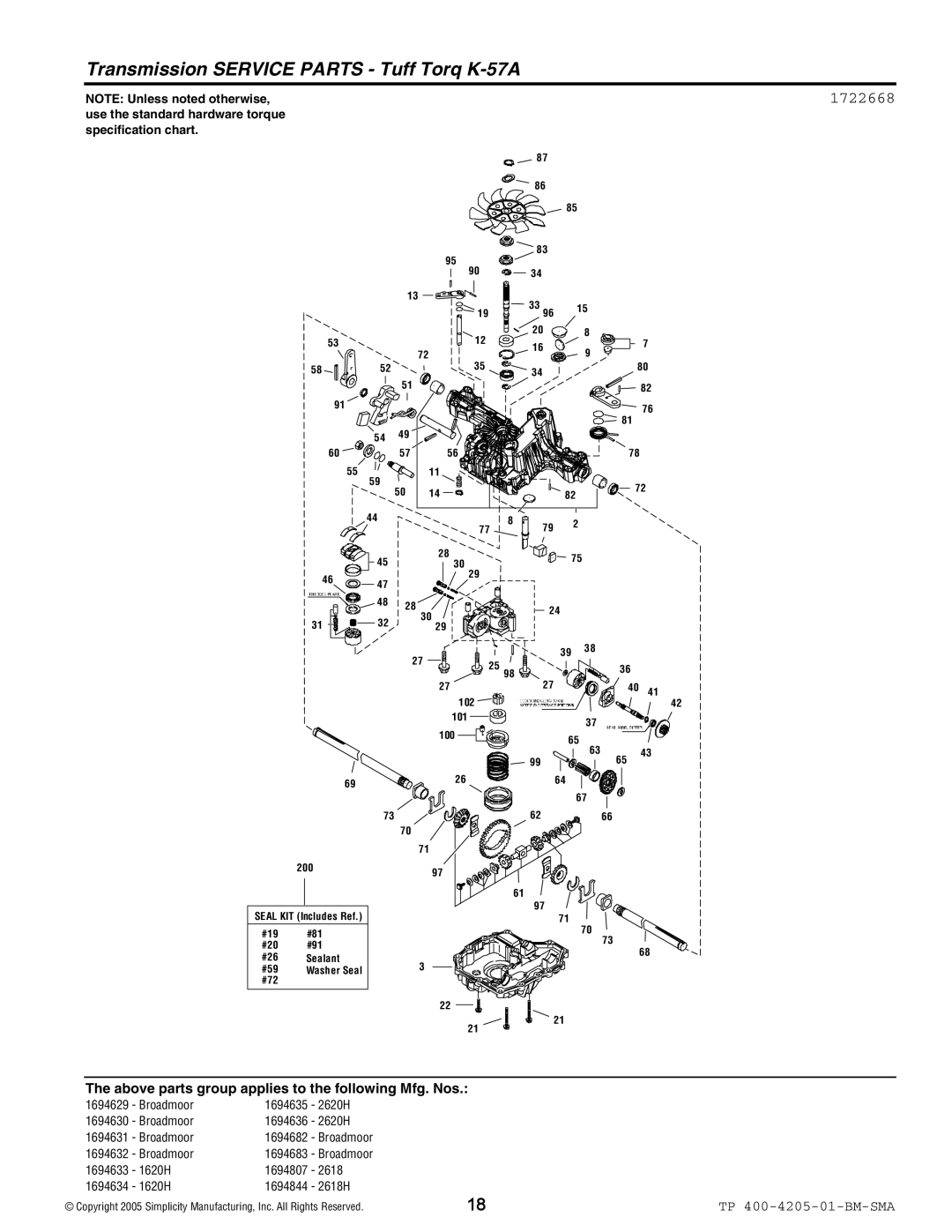 Simplicity 1600 Series manual Transmission Service Parts Tuff Torq K-57A 