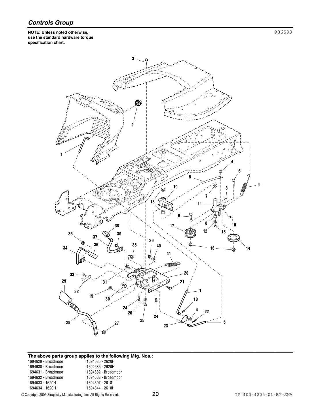 Simplicity 1600 Series manual Controls Group, 986599 