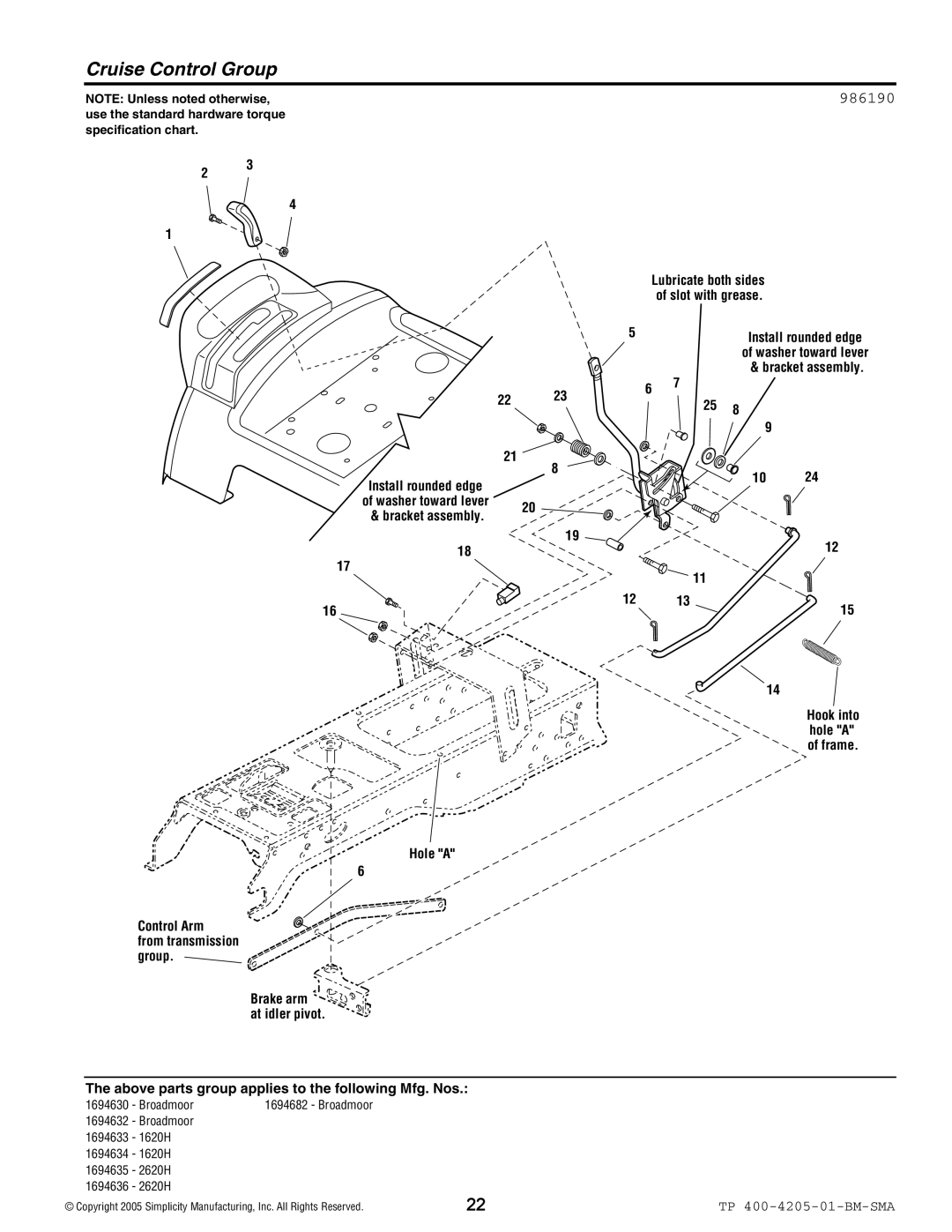 Simplicity 1600 Series manual Cruise Control Group, 986190 