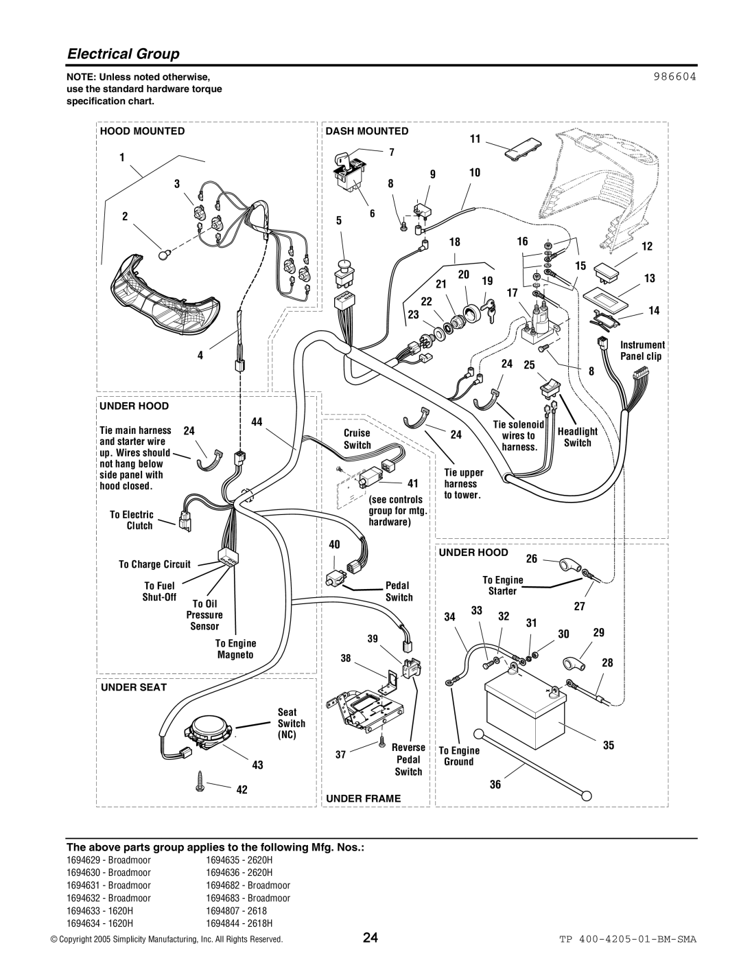 Simplicity 1600 Series manual Electrical Group, 986604 