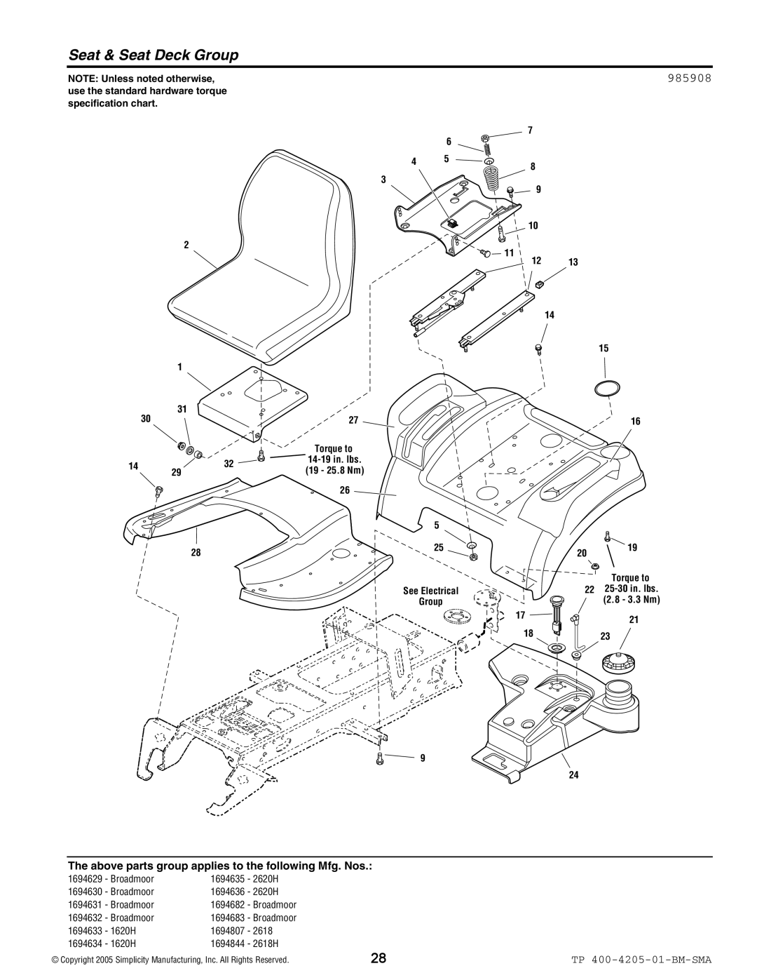 Simplicity 1600 Series manual Seat & Seat Deck Group, 985908 