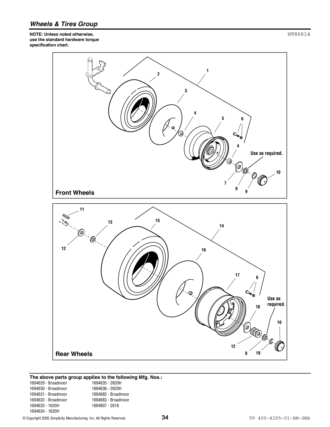 Simplicity 1600 Series manual Wheels & Tires Group, W986614 