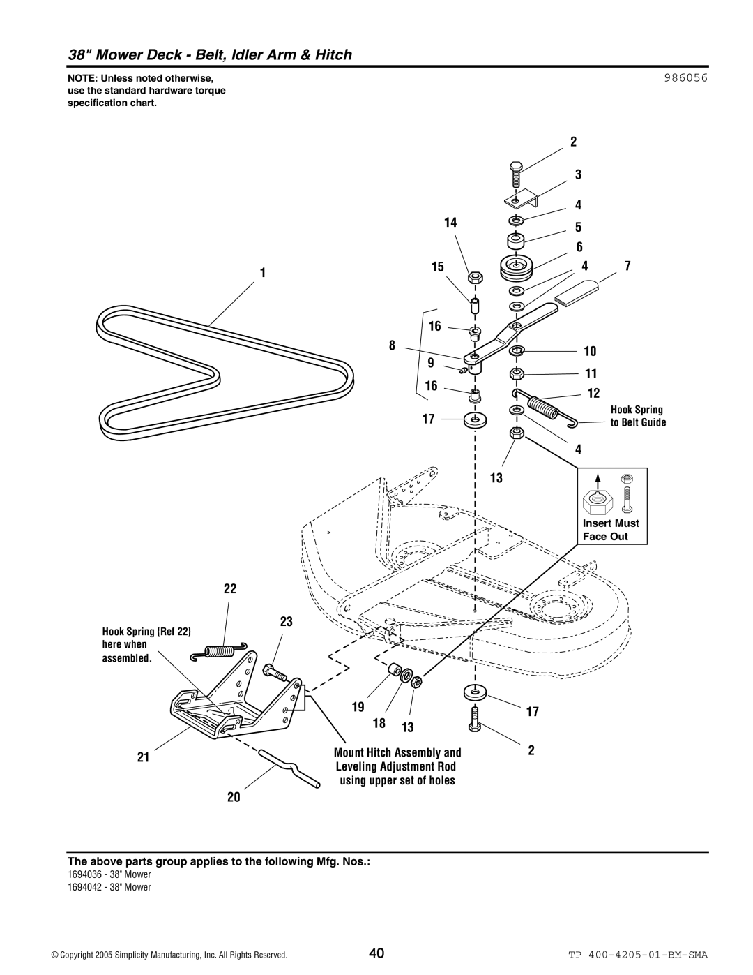 Simplicity 1600 Series manual Mower Deck Belt, Idler Arm & Hitch, 986056 