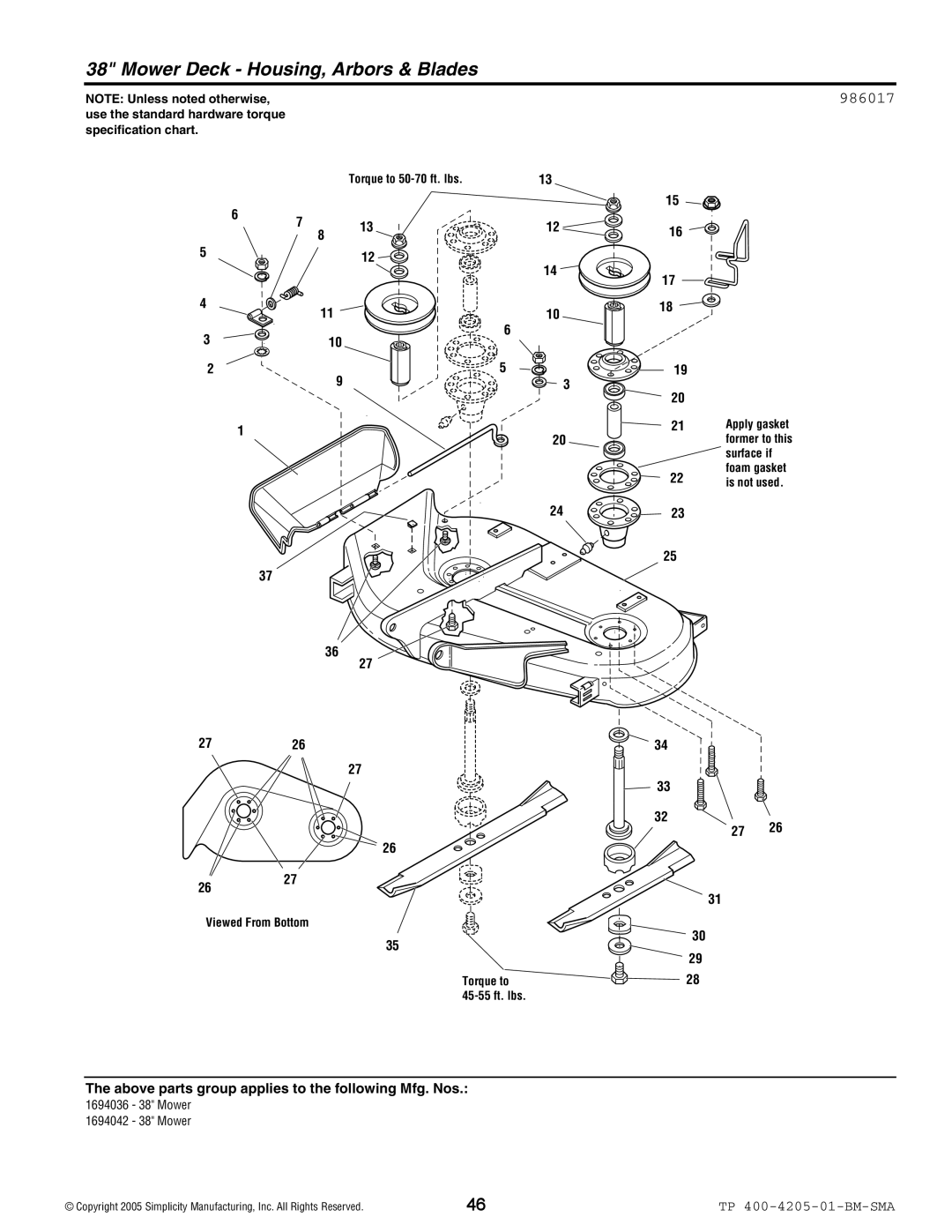 Simplicity 1600 Series manual Mower Deck Housing, Arbors & Blades, 986017 