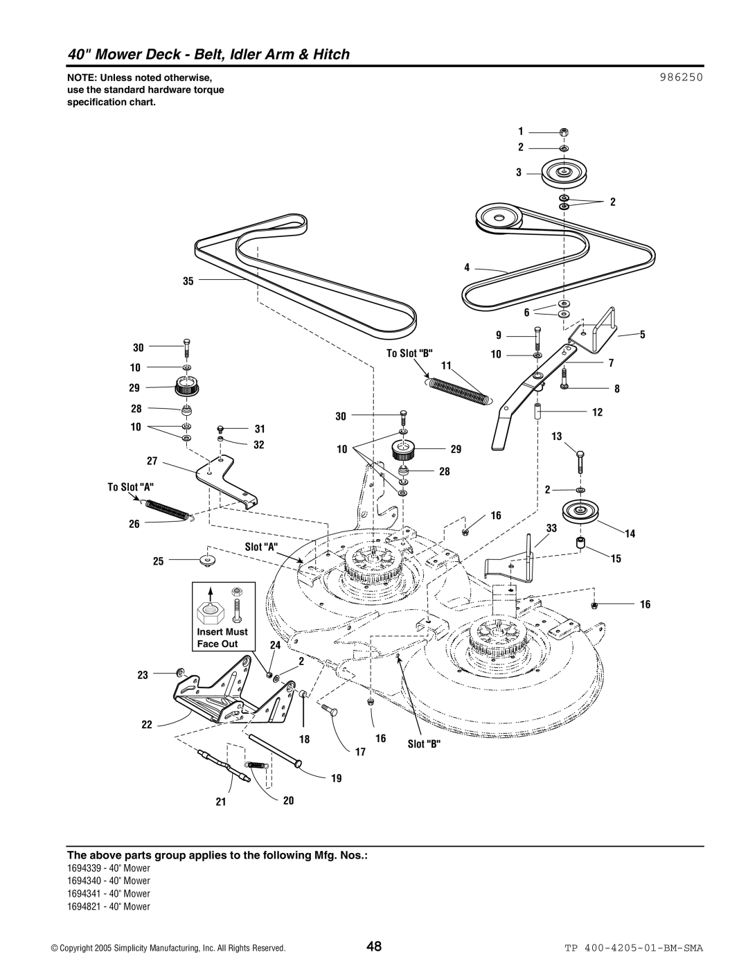 Simplicity 1600 Series manual Mower Deck Belt, Idler Arm & Hitch, 986250 