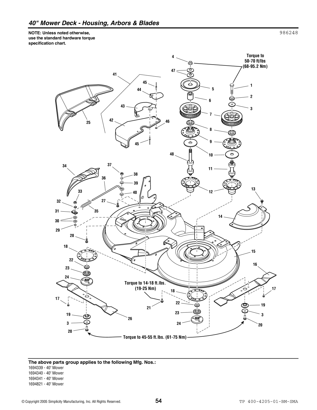 Simplicity 1600 Series manual Mower Deck Housing, Arbors & Blades, 986248 