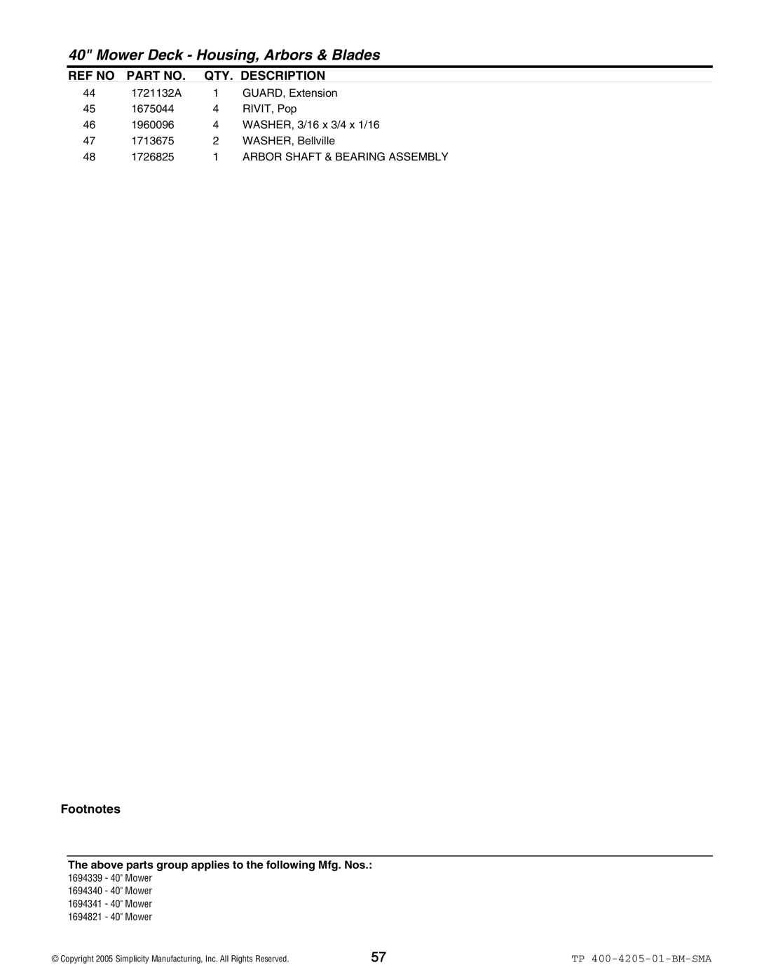 Simplicity 1600 Series manual Arbor Shaft & Bearing Assembly 