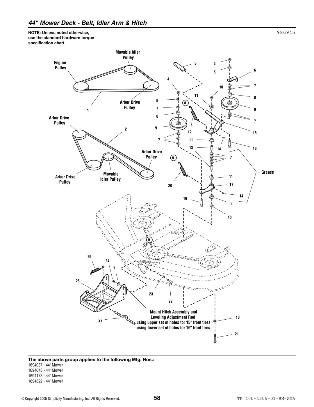 Simplicity 1600 Series manual Mower Deck Belt, Idler Arm & Hitch, 986945 