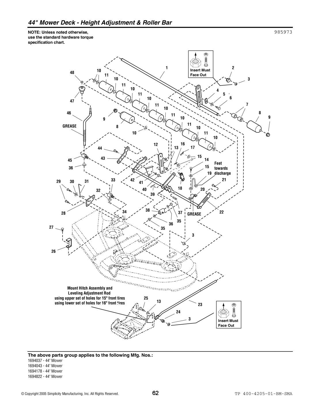 Simplicity 1600 Series manual Mower Deck Height Adjustment & Roller Bar 