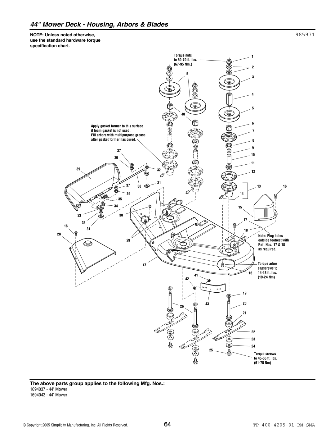 Simplicity 1600 Series manual 985971, Torque nuts To 50-70 ft. lbs 67-95 Nm 