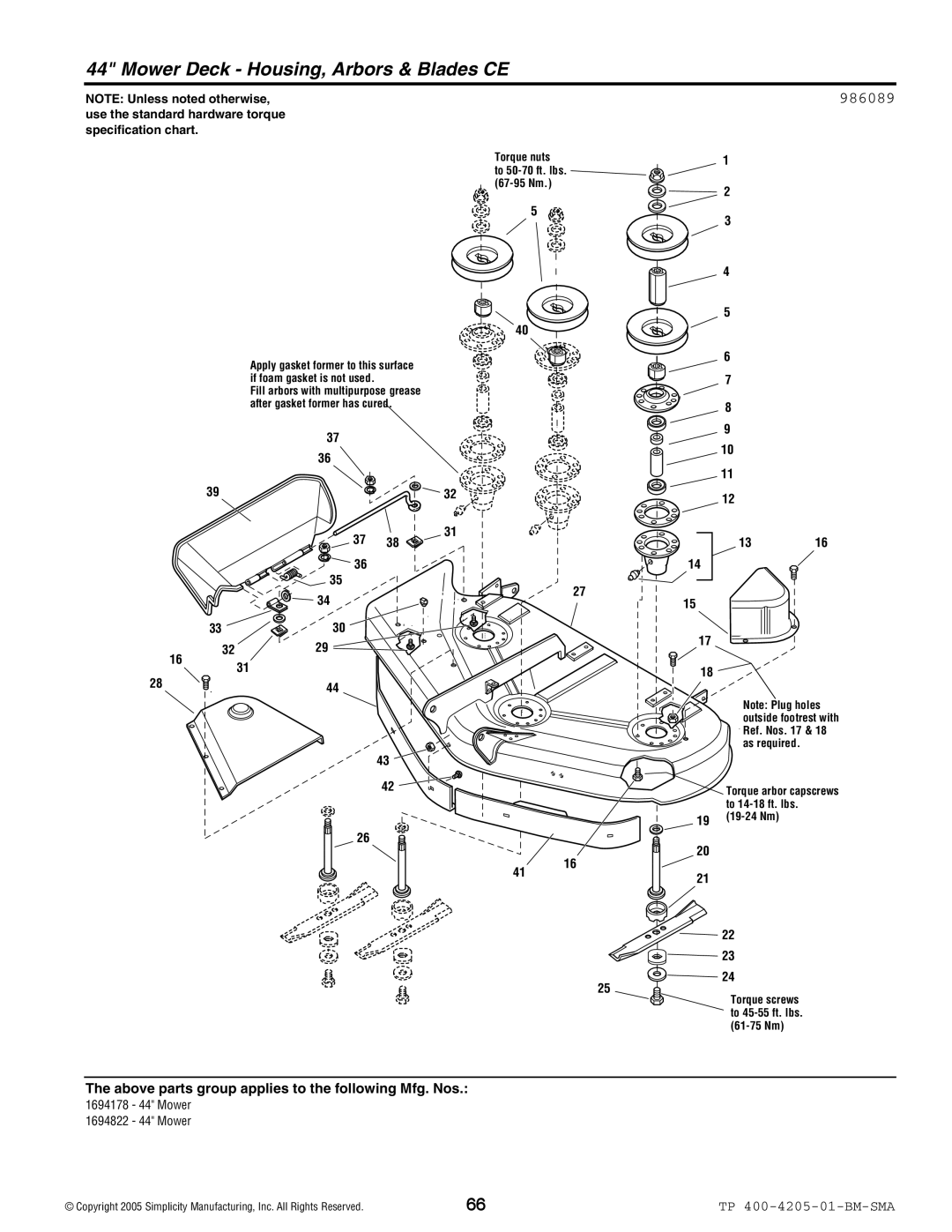 Simplicity 1600 Series manual Mower Deck Housing, Arbors & Blades CE, 986089 