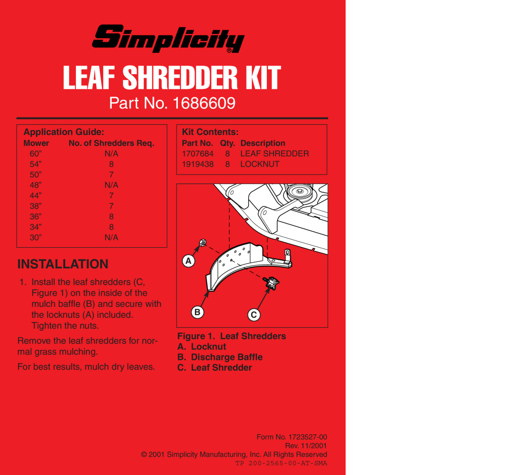 Simplicity 1686609 manual Leaf Shredder Kit, Part No, Installation, Application Guide, Kit Contents 