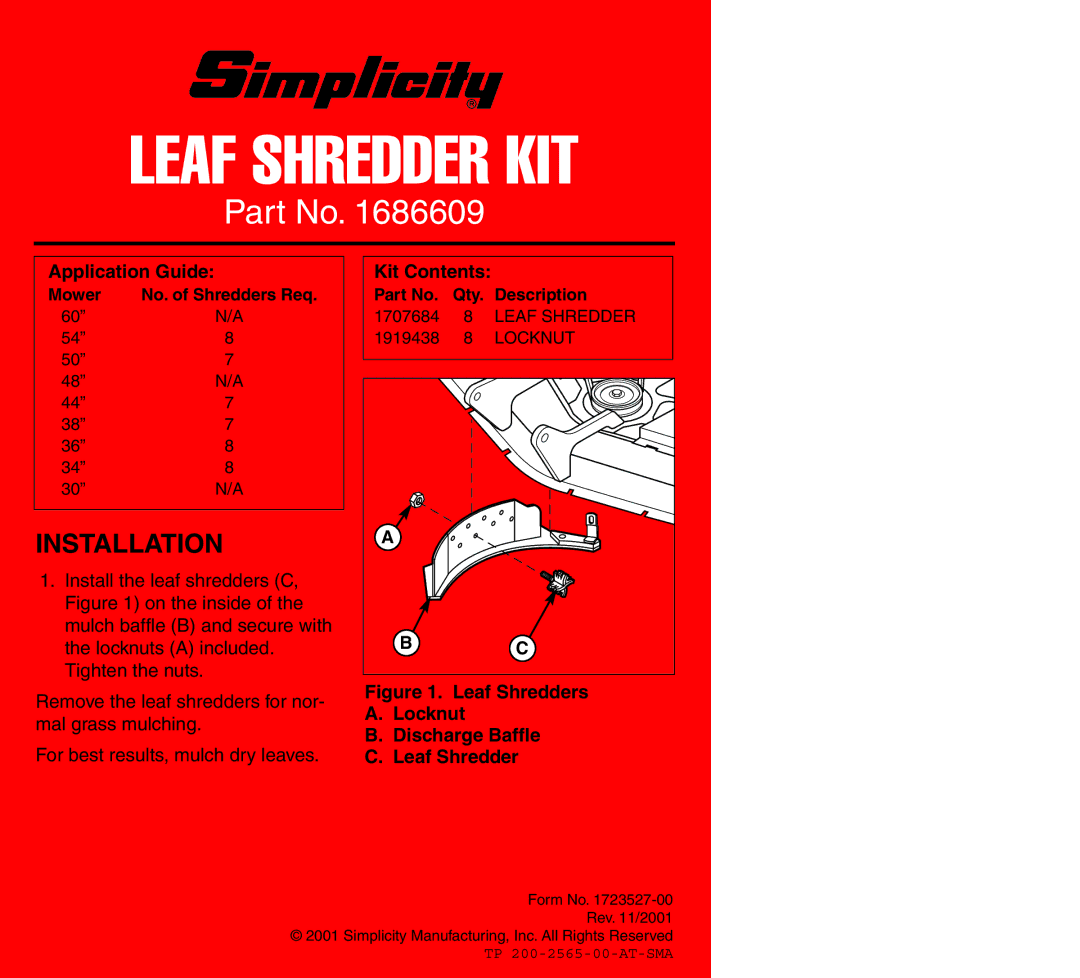 Simplicity 1686609 manual Leaf Shredder KIT, Installation, Application Guide, Kit Contents 