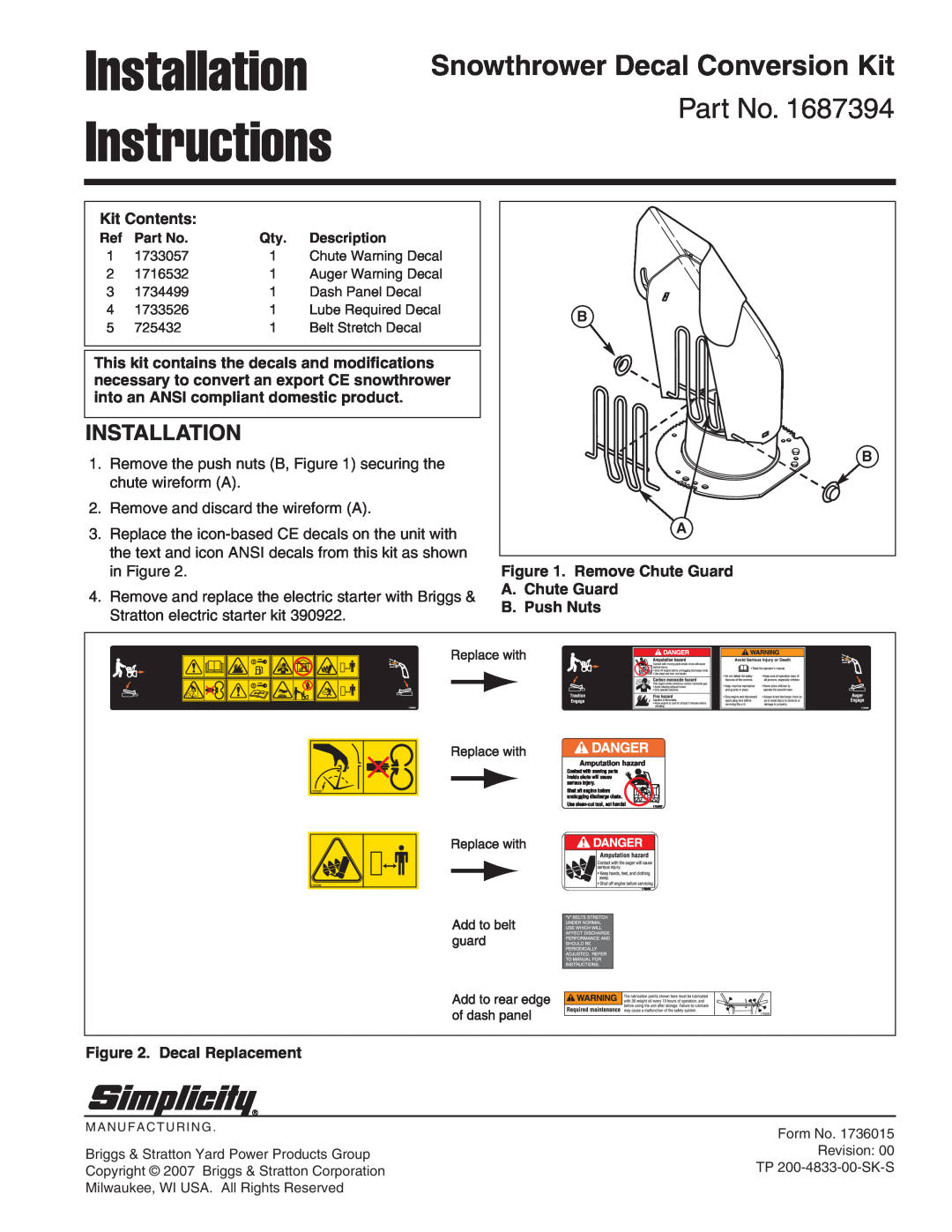 Simplicity 1687394 installation instructions Installation Instructions, Snowthrower Decal Conversion Kit, Kit Contents 