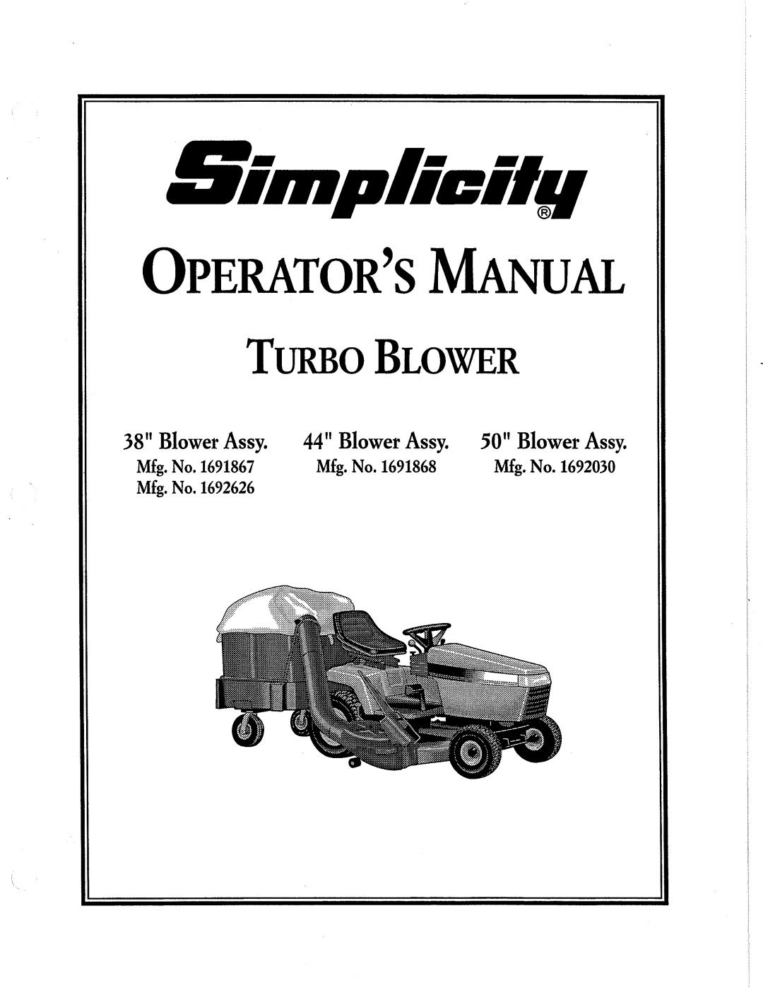 Simplicity 1693225, 1692626 manual Parts Manual, Turbo Collectors, Turbo Grass Collector Attachments For Tractors & Riders 
