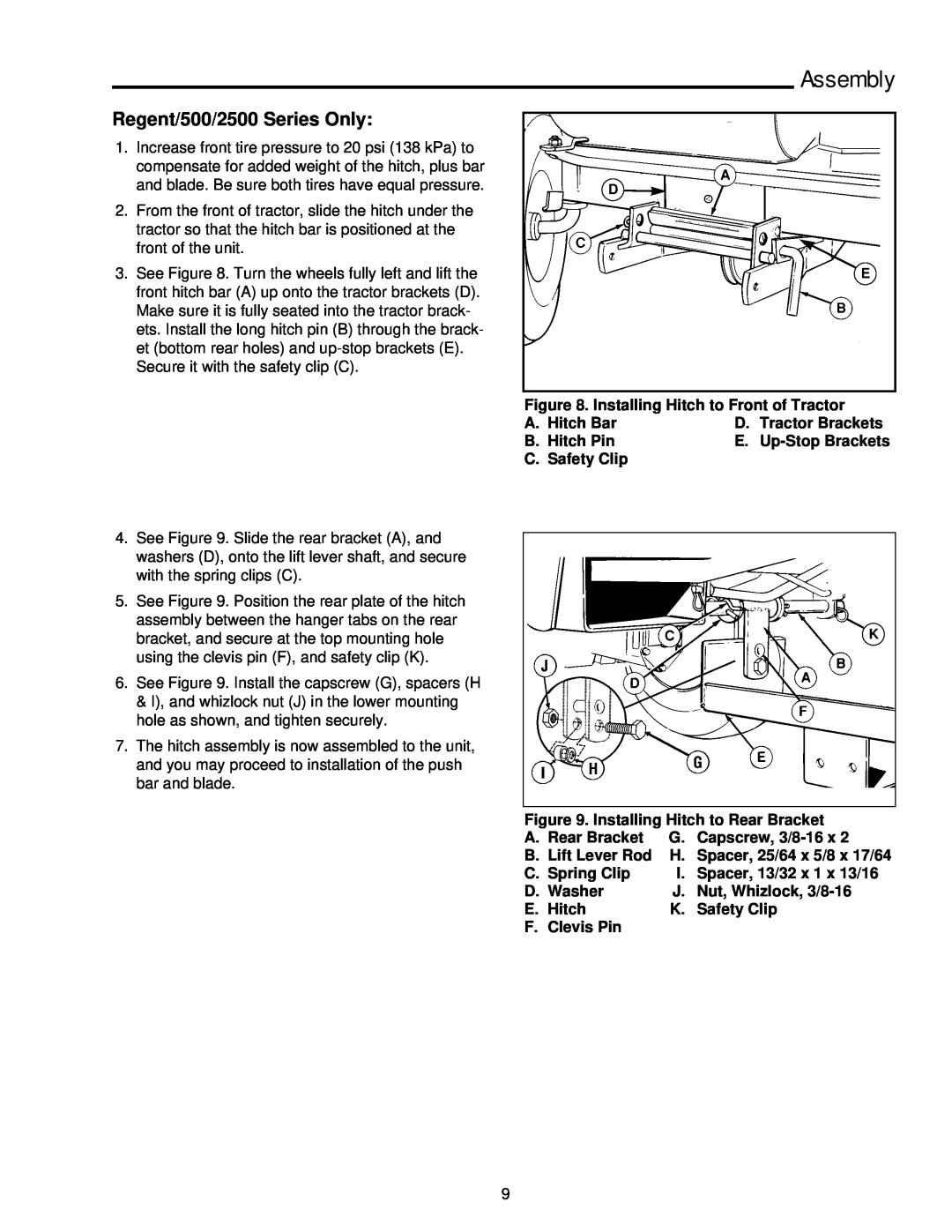 Simplicity 1691620 Installing Hitch to Front of Tractor, A. Hitch Bar, D. Tractor Brackets, B. Hitch Pin, C. Safety Clip 