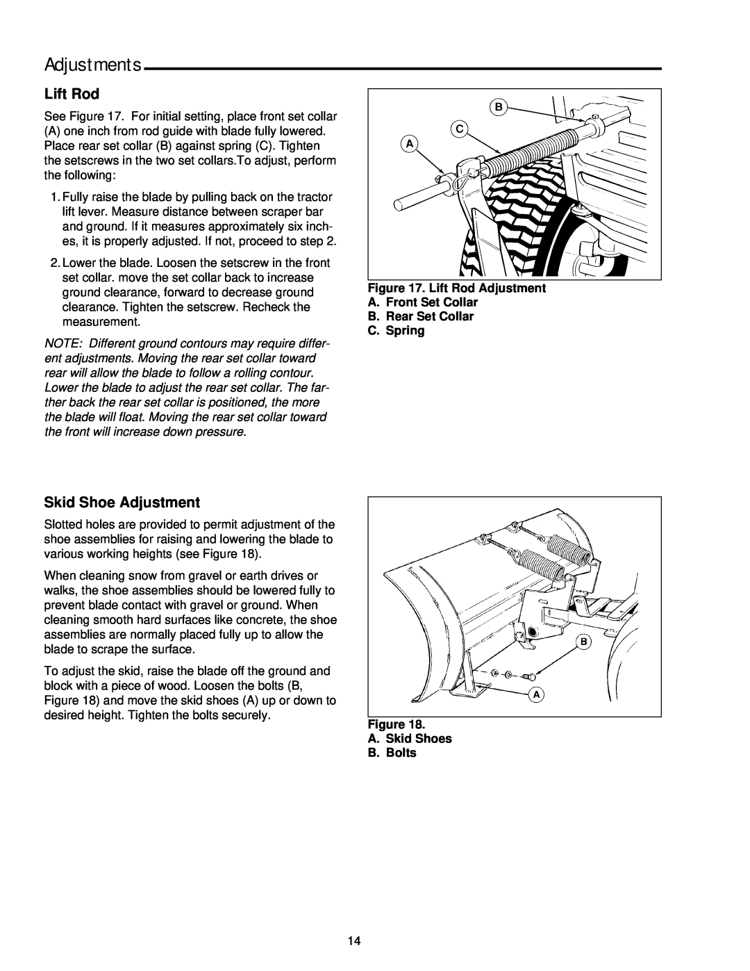 Simplicity 1692624 manual Adjustments, Skid Shoe Adjustment, Lift Rod Adjustment A. Front Set Collar B. Rear Set Collar 