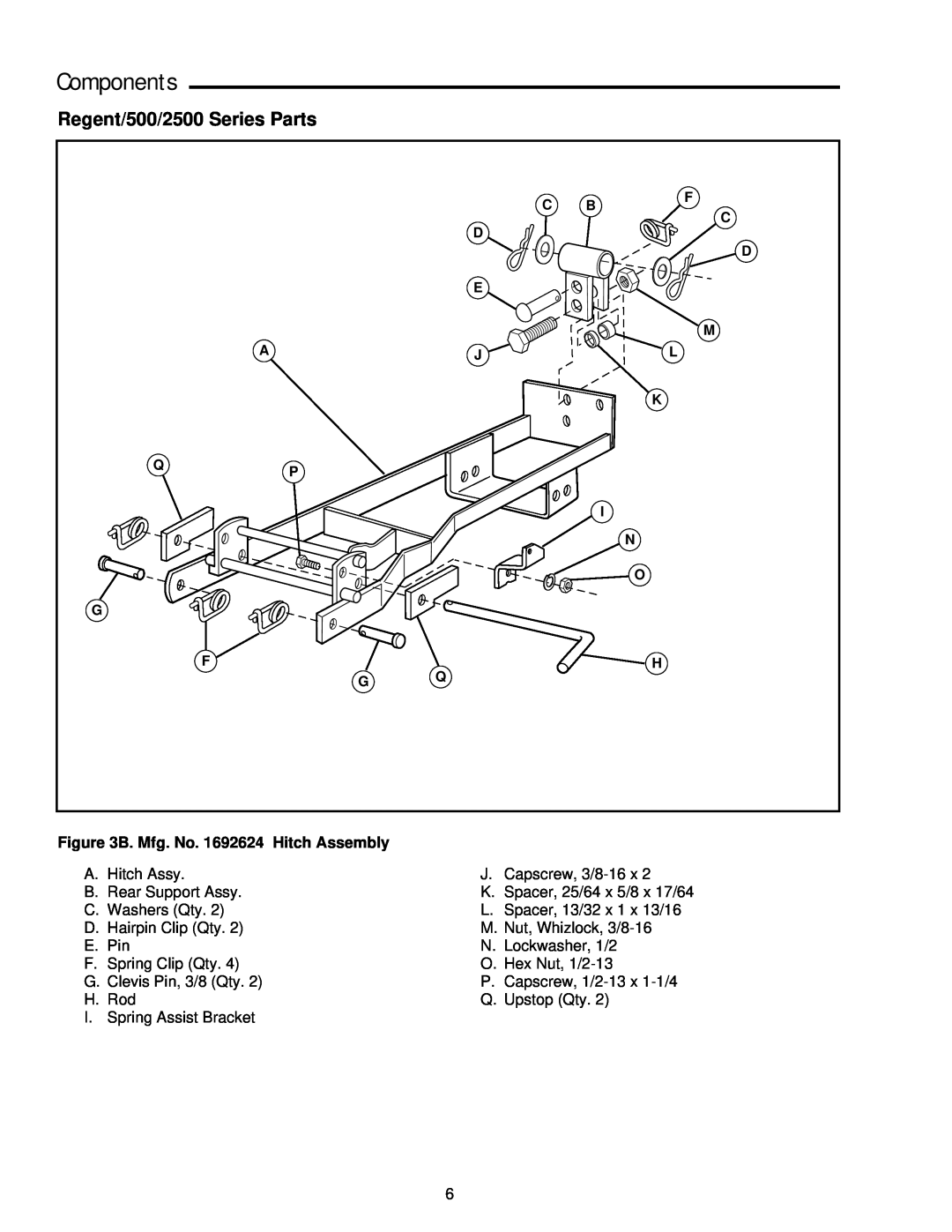 Simplicity 1691620, 1692039 manual B. Mfg. No. 1692624 Hitch Assembly, Components, Regent/500/2500 Series Parts 