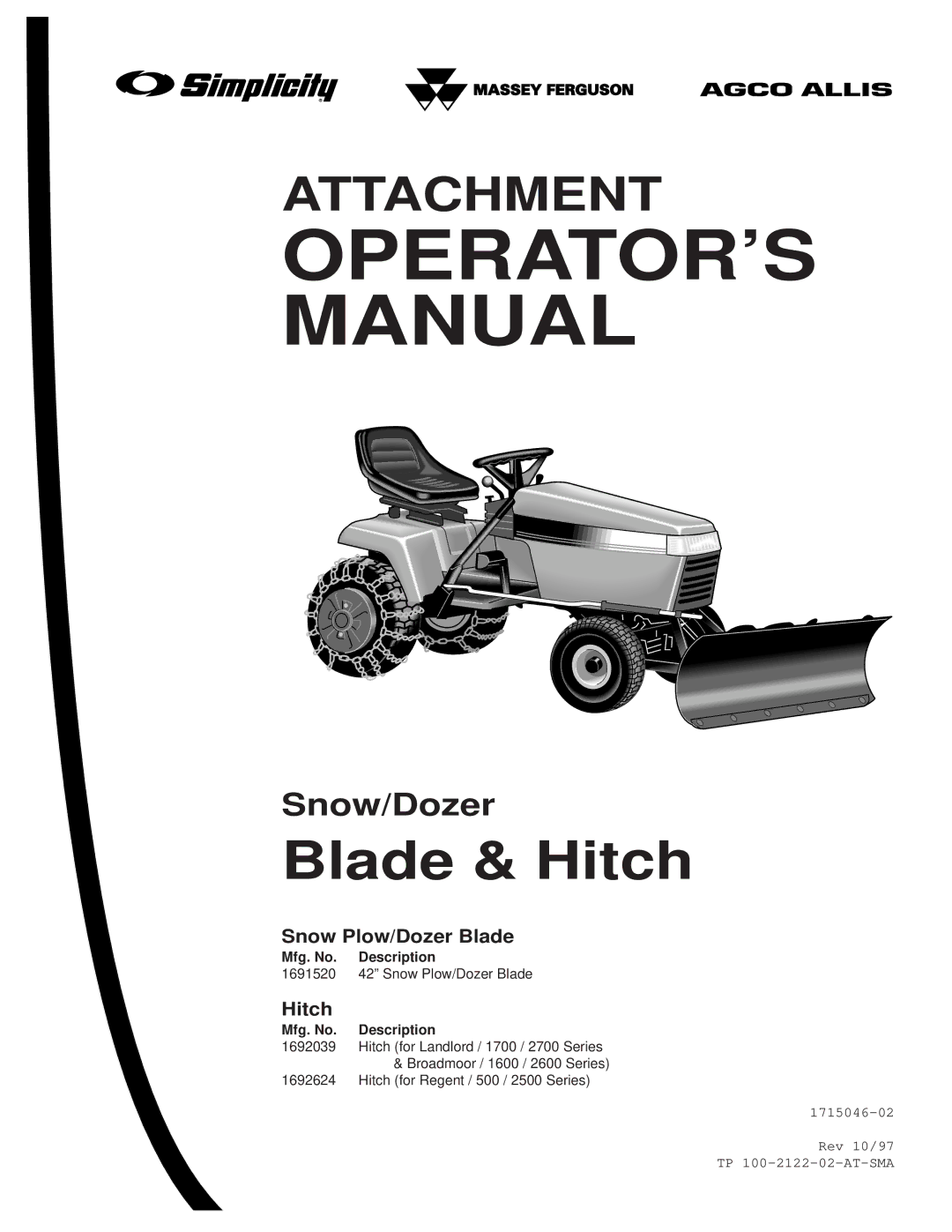 Simplicity 1692624, 1692039, 1691620 manual Snow Plow/Dozer Blade, Hitch 