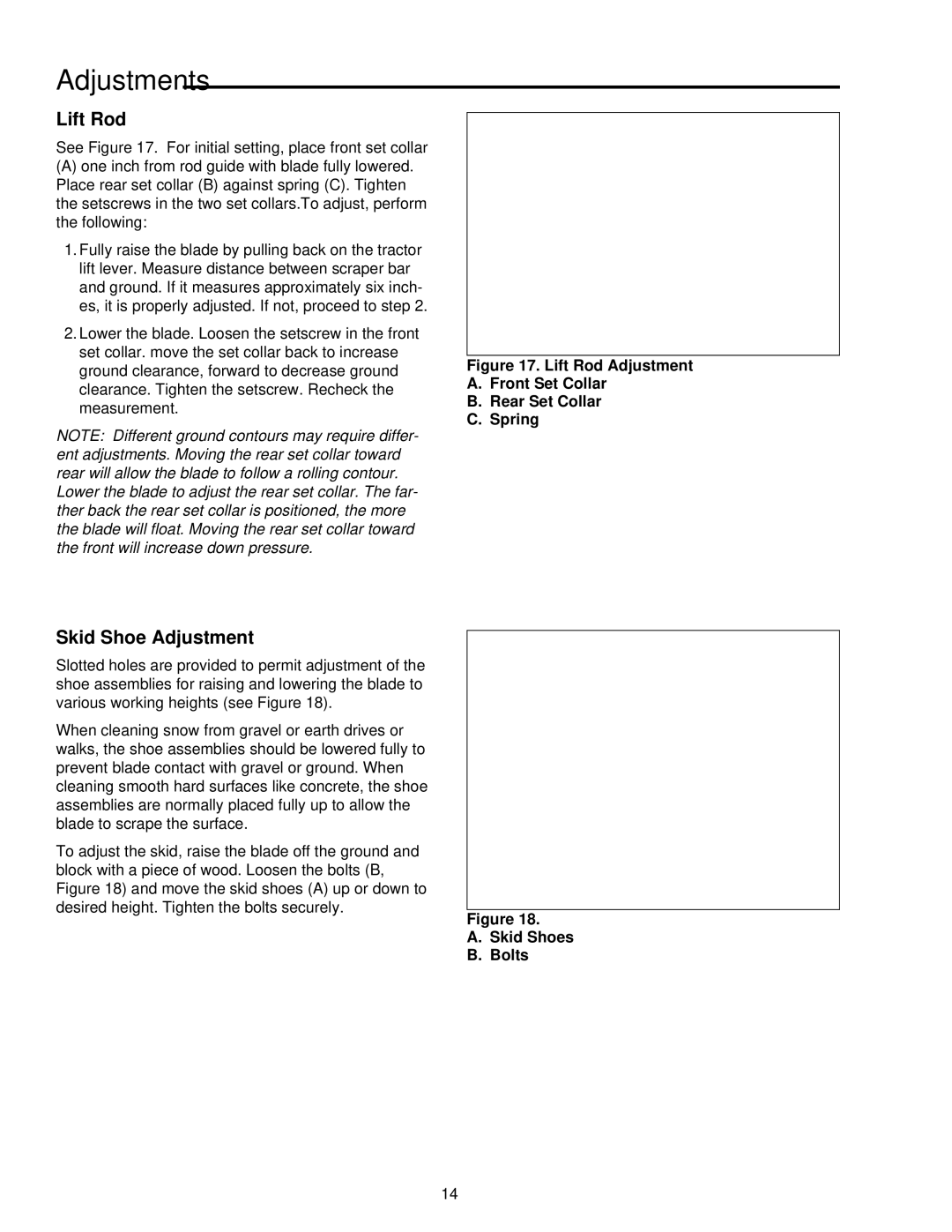 Simplicity 1692624, 1692039, 1691620 manual Adjustments, Lift Rod, Skid Shoe Adjustment 