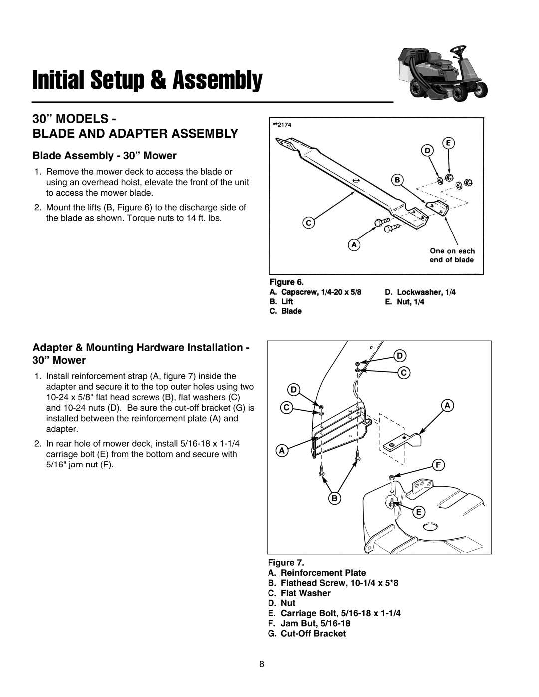 Simplicity 1692149, 1692150 instruction sheet Initial Setup & Assembly, Blade and Adapter Assembly, Blade Assembly 30 Mower 