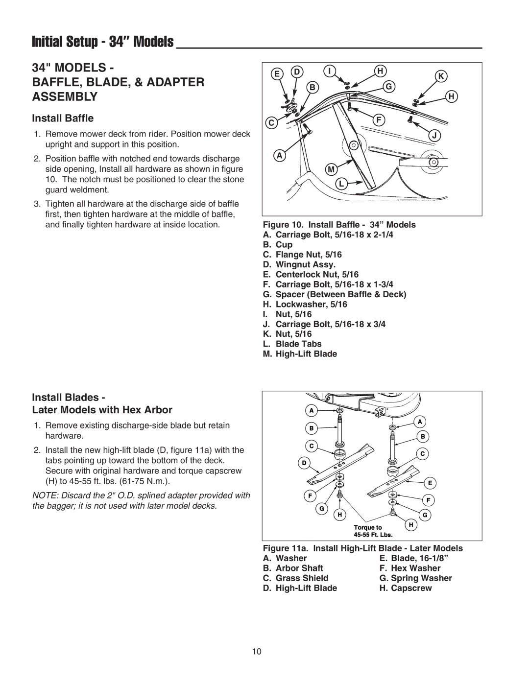 Simplicity 1692149, 1692150 instruction sheet Initial Setup 34 Models, BAFFLE, BLADE, & Adapter Assembly, Install Baffle 