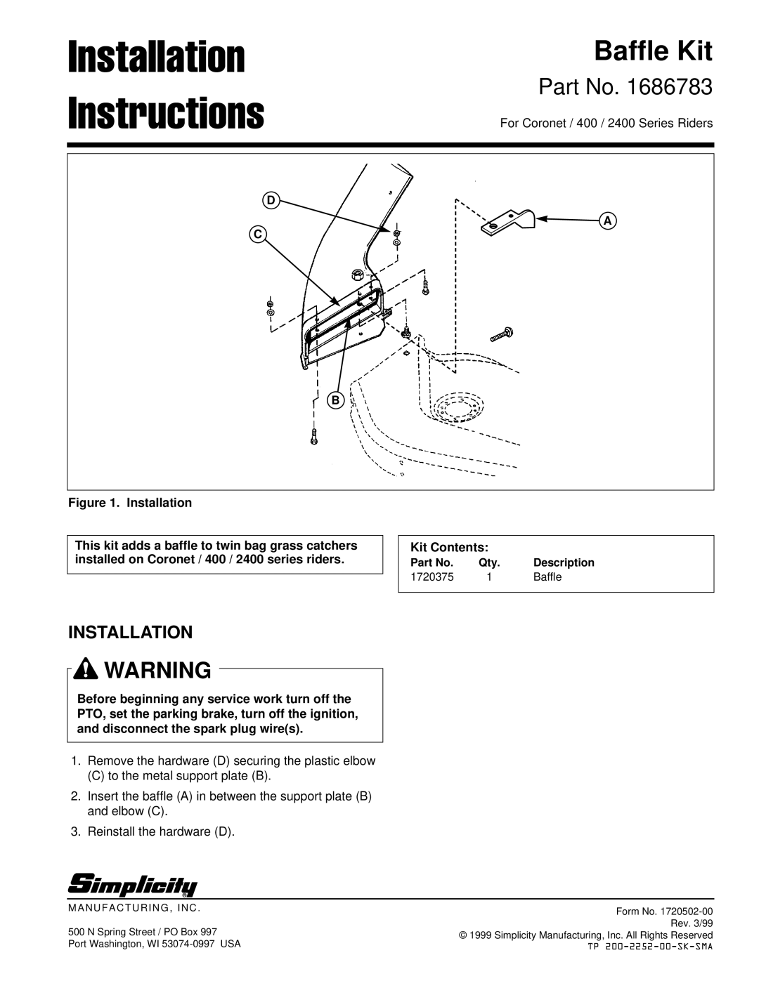 Simplicity 1692149, 1692150 instruction sheet Installation Instructions 