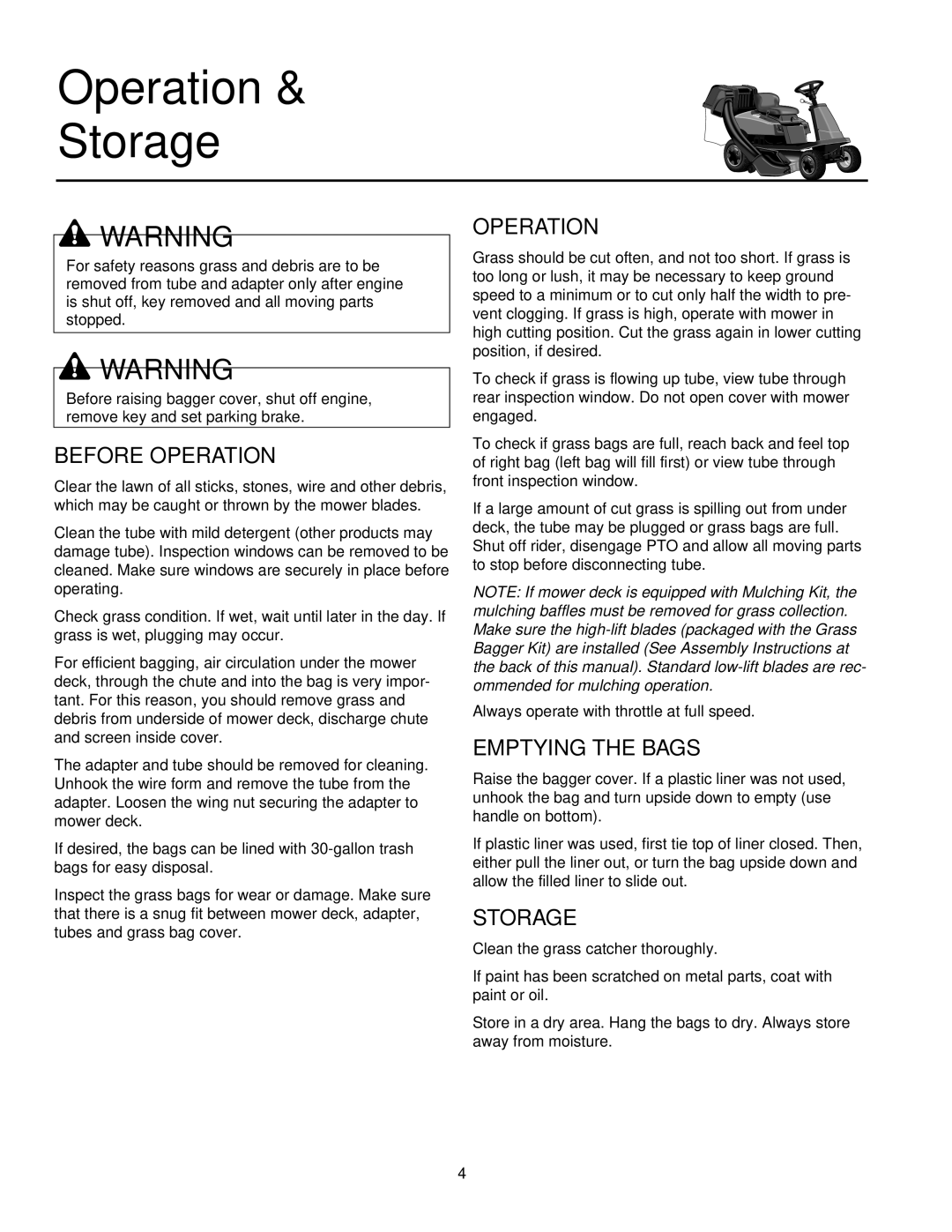 Simplicity 1692149, 1692150 instruction sheet Operation & Storage, Emptying the Bags 