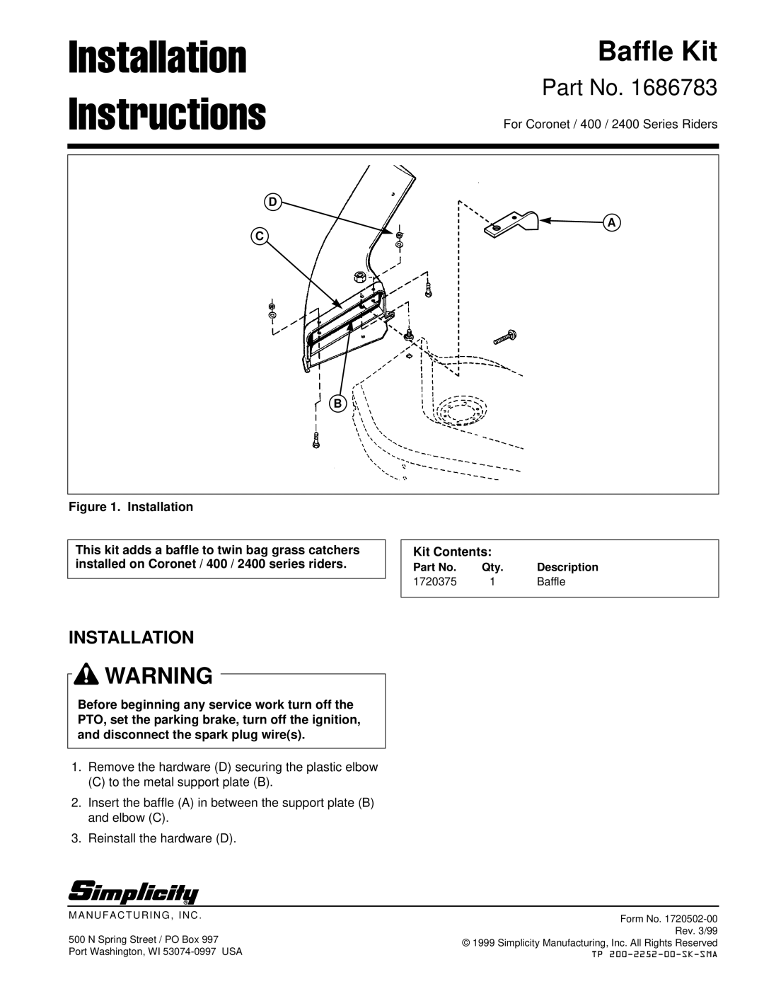 Simplicity 1692149, 1692150 instruction sheet Baffle Kit, Installation Instructions 