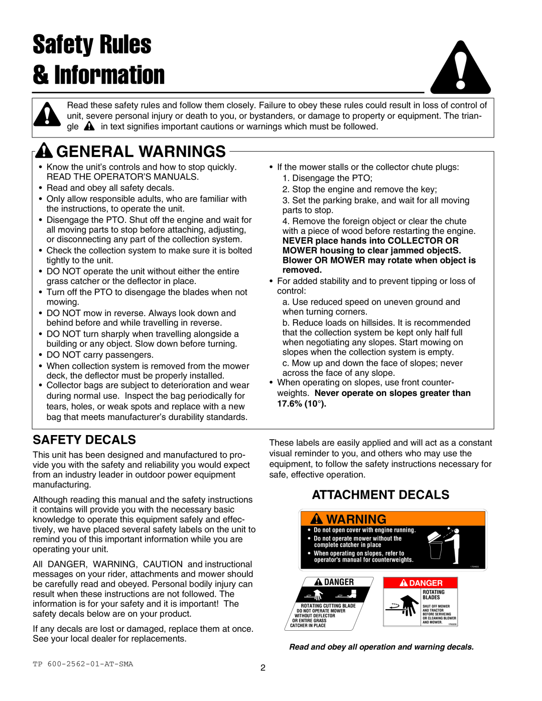Simplicity 1692149, 1692150 instruction sheet Safety Rules Information, Safety Decals, Attachment Decals, General Warnings 