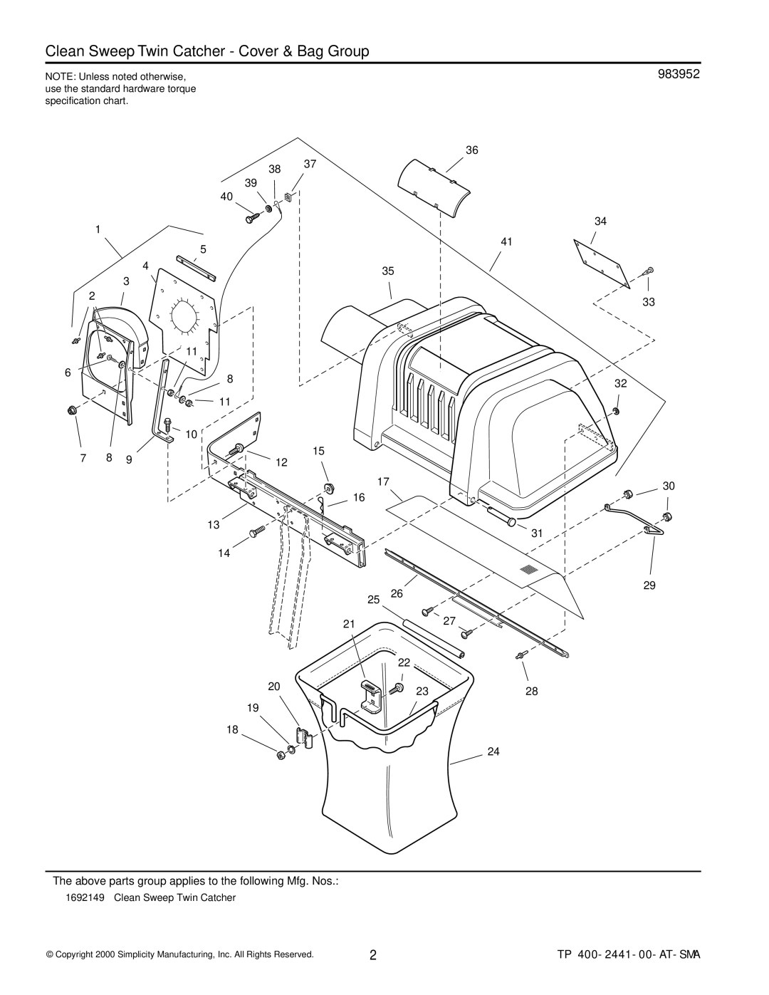 Simplicity 1692149 Clean Sweep Twin Catcher Cover & Bag Group, 983952, Above parts group applies to the following Mfg. Nos 