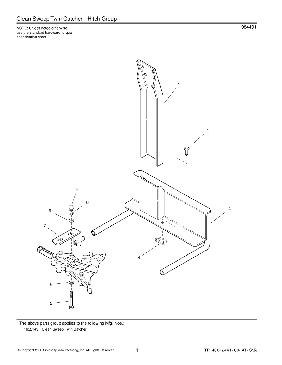 Simplicity 1692149 manual Clean Sweep Twin Catcher Hitch Group, 984491 