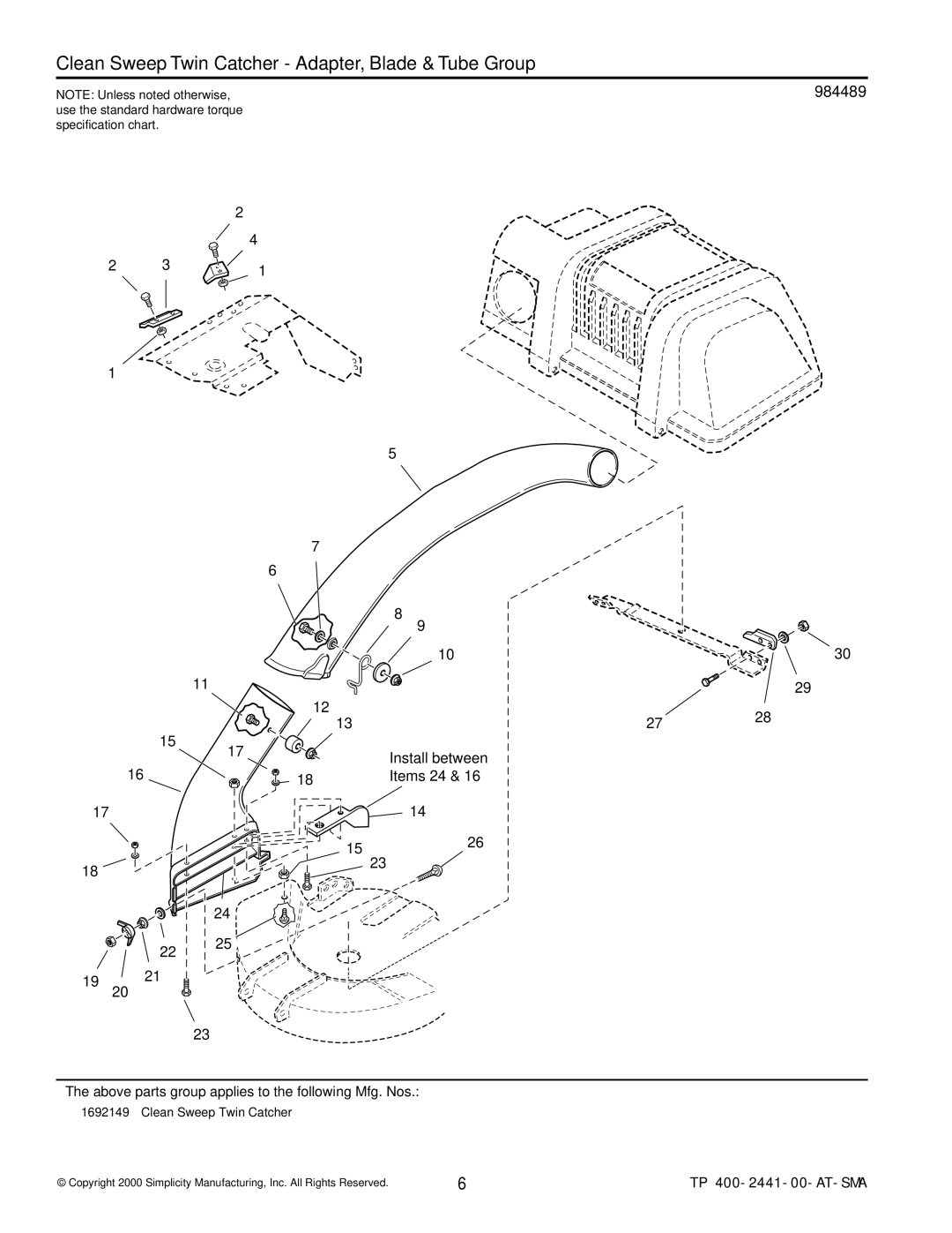 Simplicity 1692149 manual Clean Sweep Twin Catcher Adapter, Blade & Tube Group, 984489, Items 24, Install between 