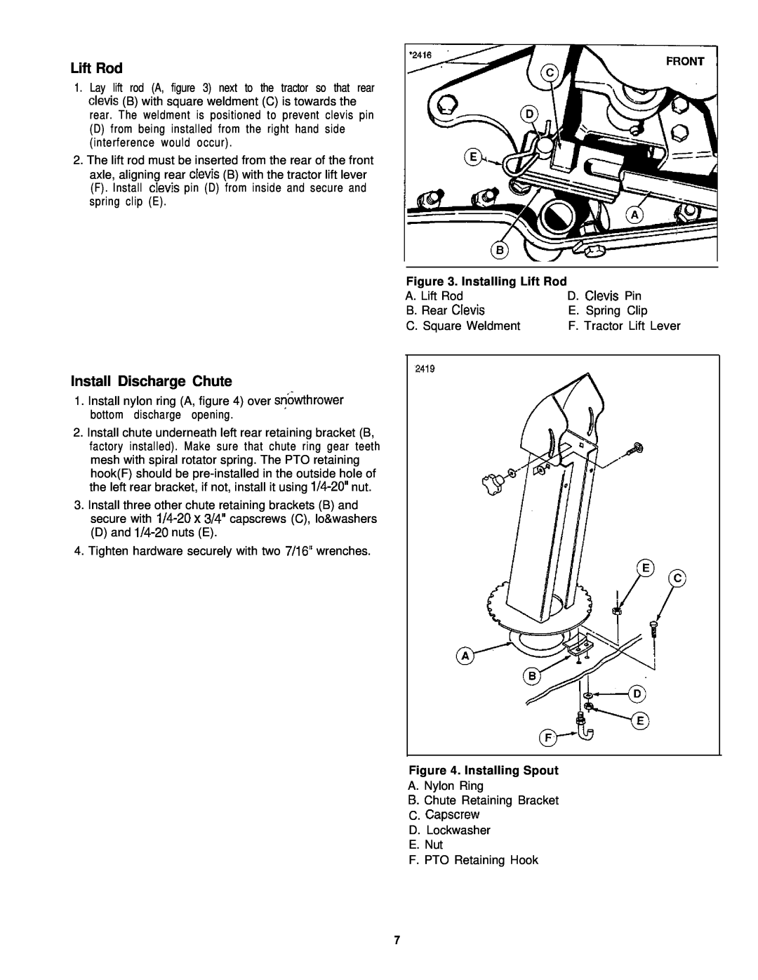 Simplicity 1692243, 1692244 manual Install Discharge Chute, Installing Lift Rod, Installing Spout 