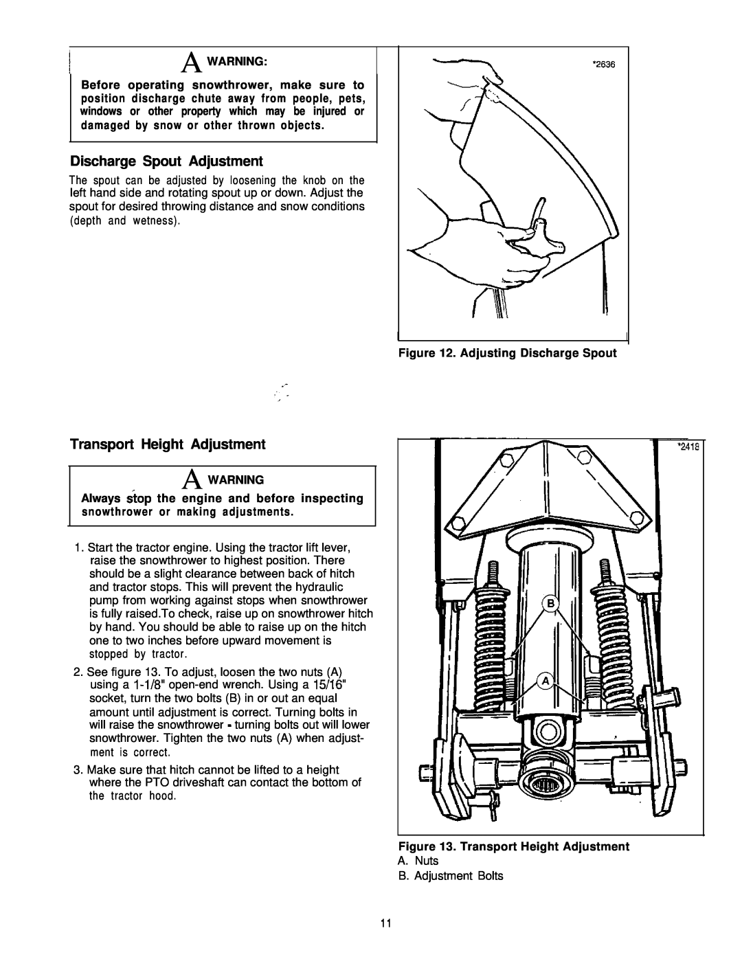 Simplicity 1692243 Discharge Spout Adjustment, Transport Height Adjustment, Awarning, Adjusting Discharge Spout, A Warning 