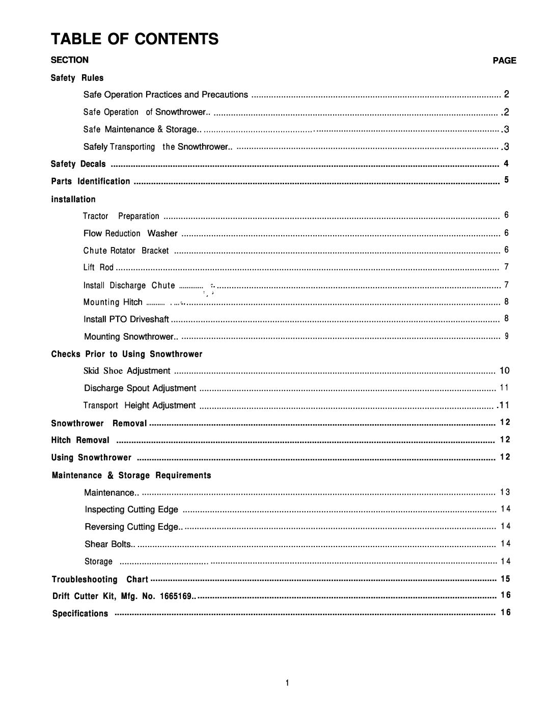 Simplicity 1692243 Table Of Contents, Section, Page, Parts, installation, Checks Prior to Using Snowthrower, Hitch, Safety 