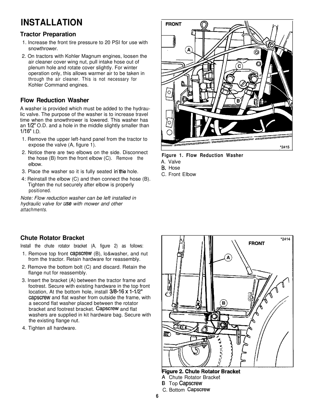 Simplicity 1692244, 1692243 manual Installation, Tractor Preparation, Flow Reduction Washer, Chute Rotator Bracket 