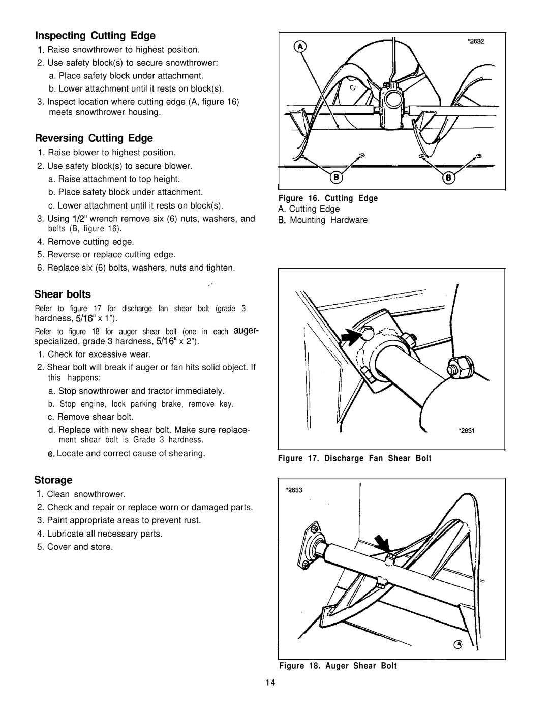 Simplicity 1692244, 1692243 manual Inspecting Cutting Edge, Reversing Cutting Edge, Shear bolts, Storage 