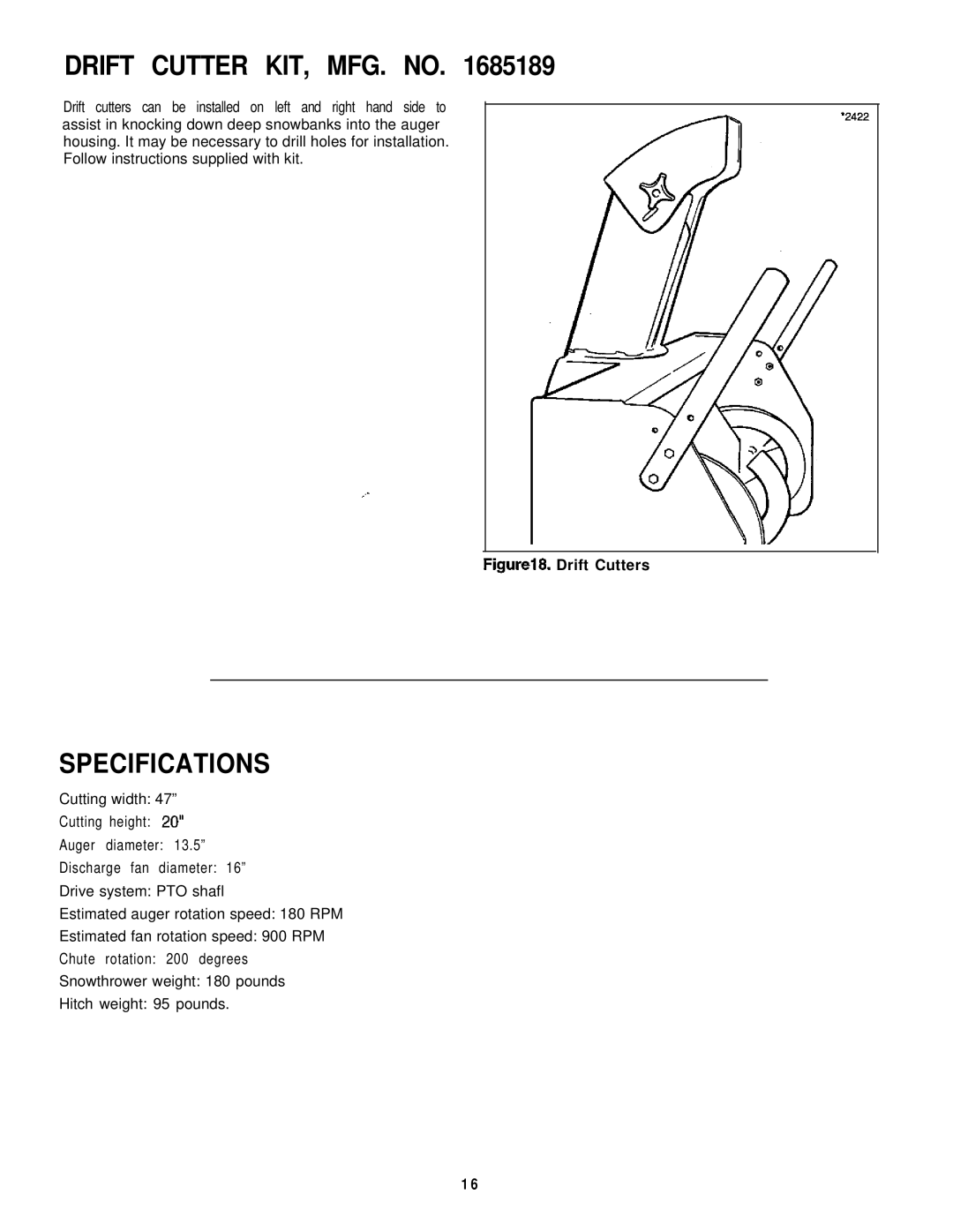 Simplicity 1692244, 1692243 manual Drift Cutter KIT, MFG. no, Specifications 