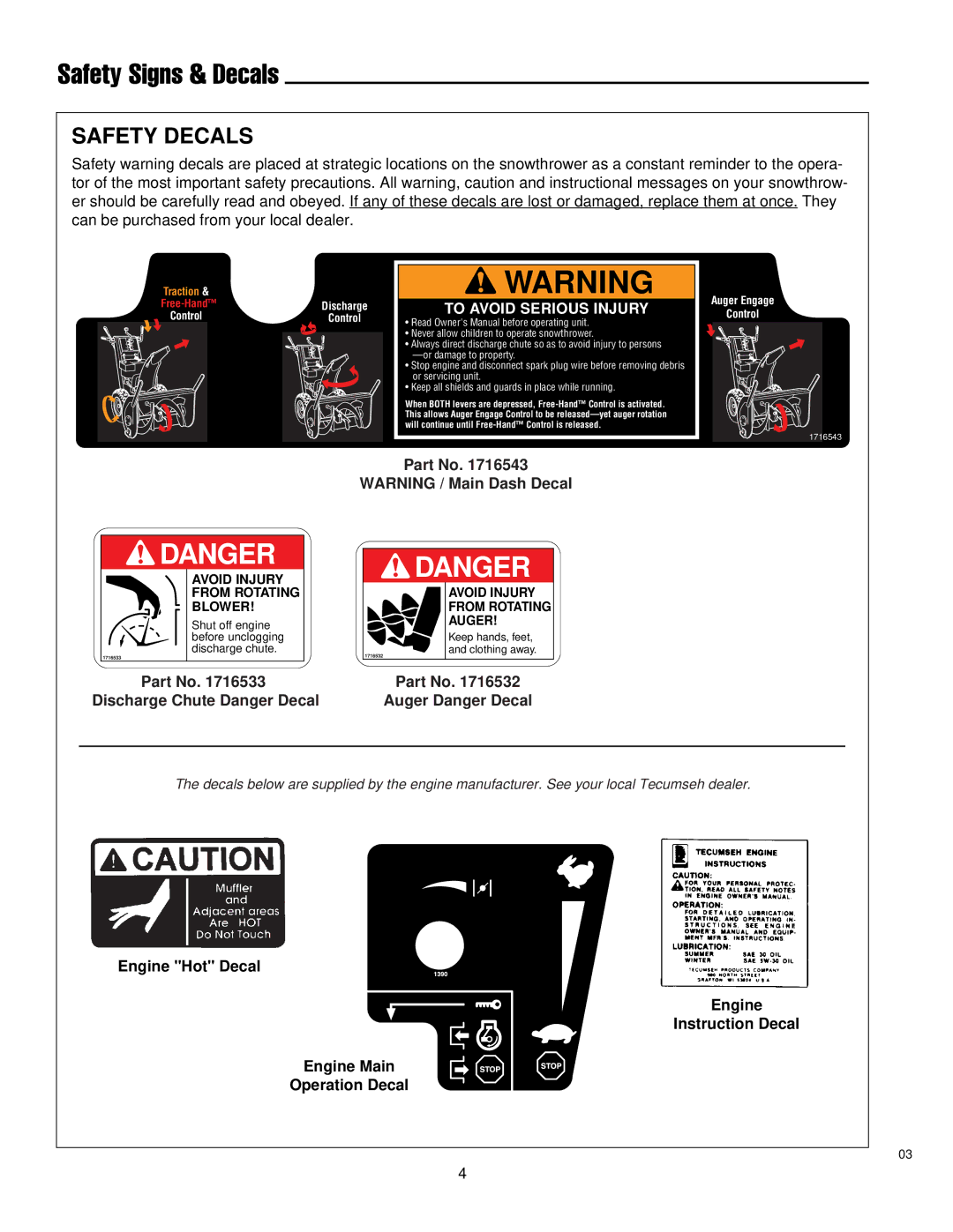 Simplicity 1691900, 1692469, 1692570 Safety Signs & Decals, Safety Decals, Discharge Chute Danger Decal, Auger Danger Decal 