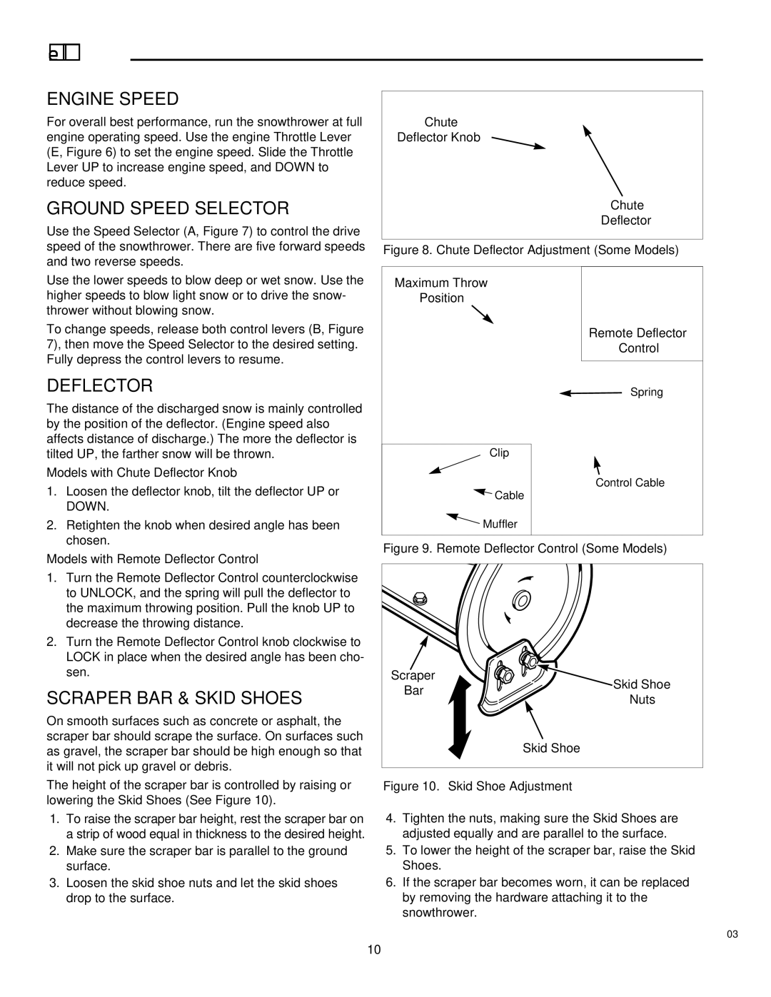 Simplicity 1691900, 1692469, 1692570, 1692569 manual Engine Speed, Ground Speed Selector, Deflector, Scraper BAR & Skid Shoes 