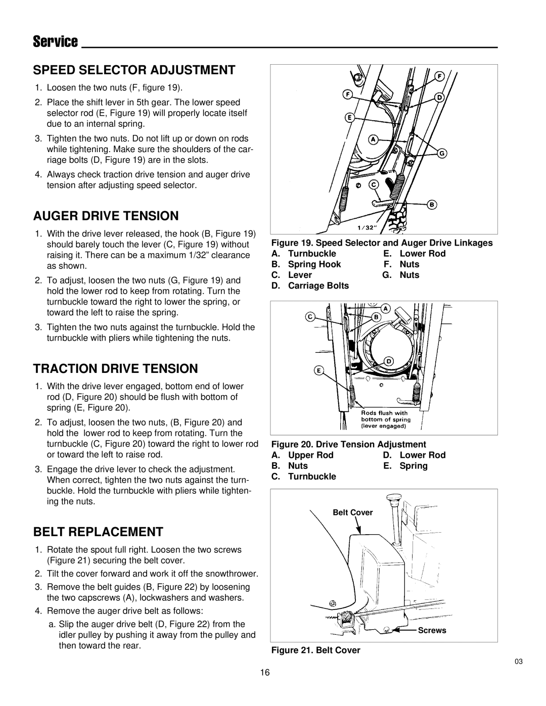 Simplicity 1691900, 1692469 manual Speed Selector Adjustment, Auger Drive Tension, Traction Drive Tension, Belt Replacement 