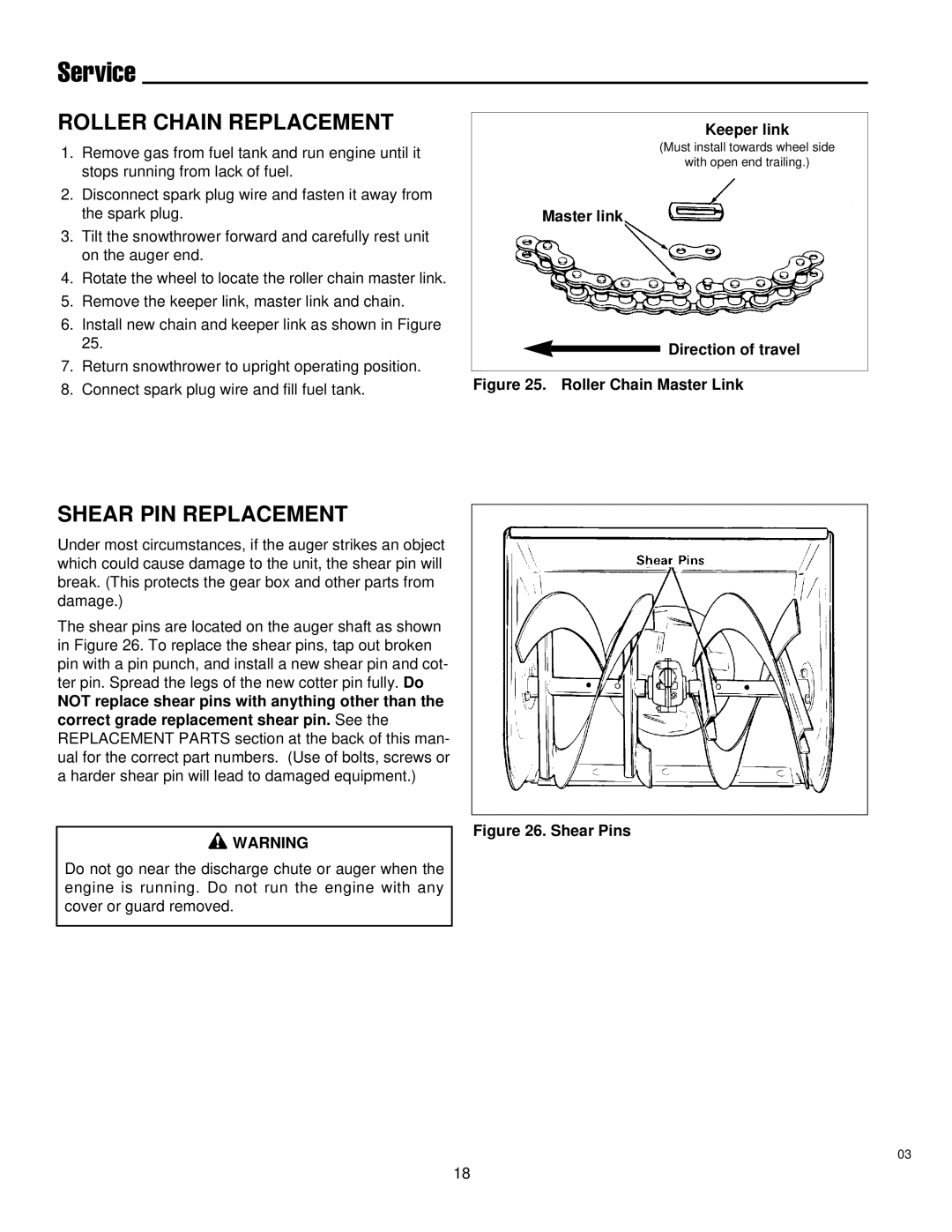 Simplicity 1692469, 1692570 Roller Chain Replacement, Shear PIN Replacement, Keeper link, Master link Direction of travel 