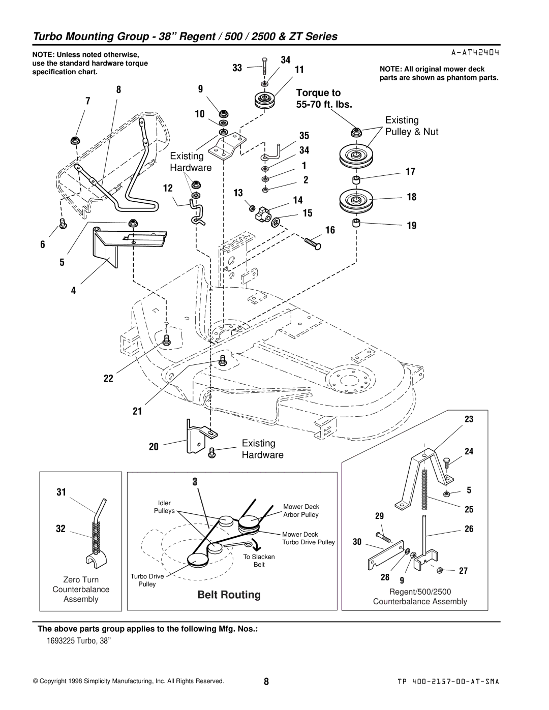 Simplicity 1692716, 1692626, 1693225, 1693227, 1693226, 1693106 manual Turbo Mounting Group 38 Regent / 500 / 2500 & ZT Series 