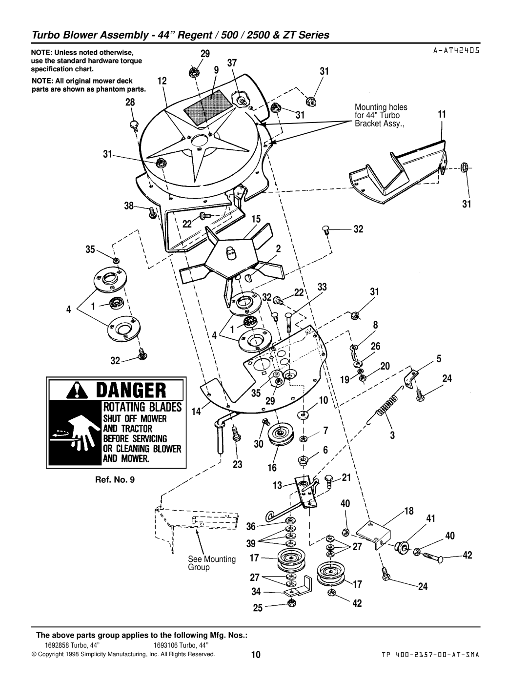 Simplicity 1693225, 1692626, 1693227, 1693226 Turbo Blower Assembly 44 Regent / 500 / 2500 & ZT Series, See Mounting Group 