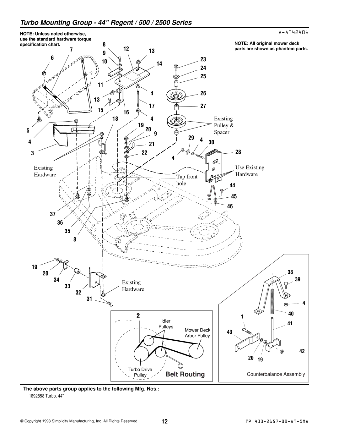 Simplicity 1693226, 1692626, 1693225, 1693227 manual Turbo Mounting Group 44 Regent / 500 / 2500 Series, Pulley Belt Routing 